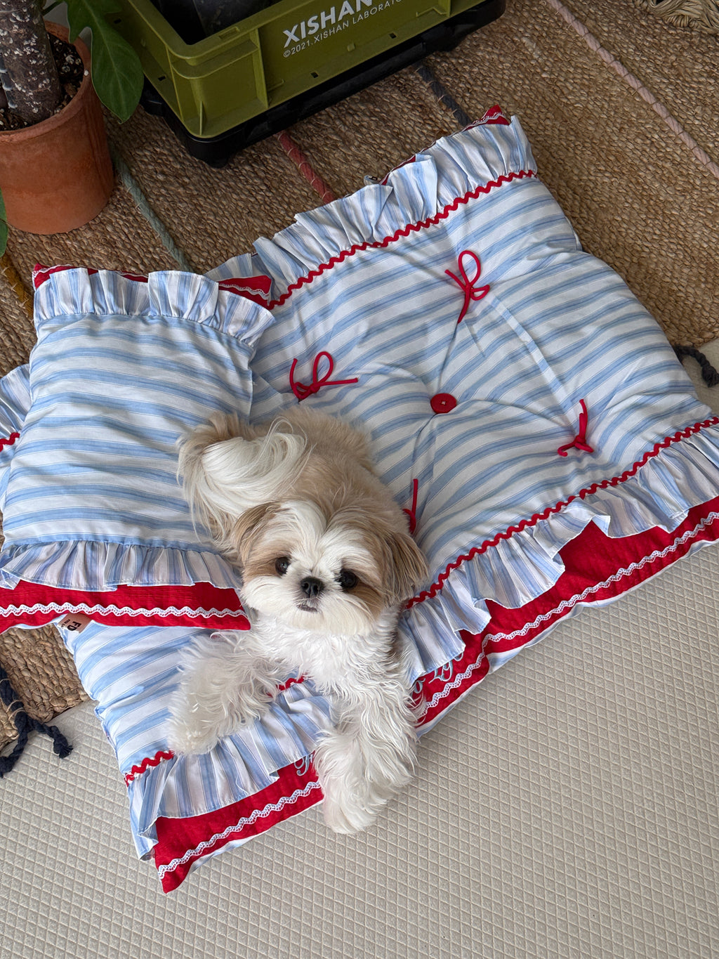 Handcrafted Sailor-Style Pet Mat | Blue Stripe & Red Ruffle Dog & Cat Cushion