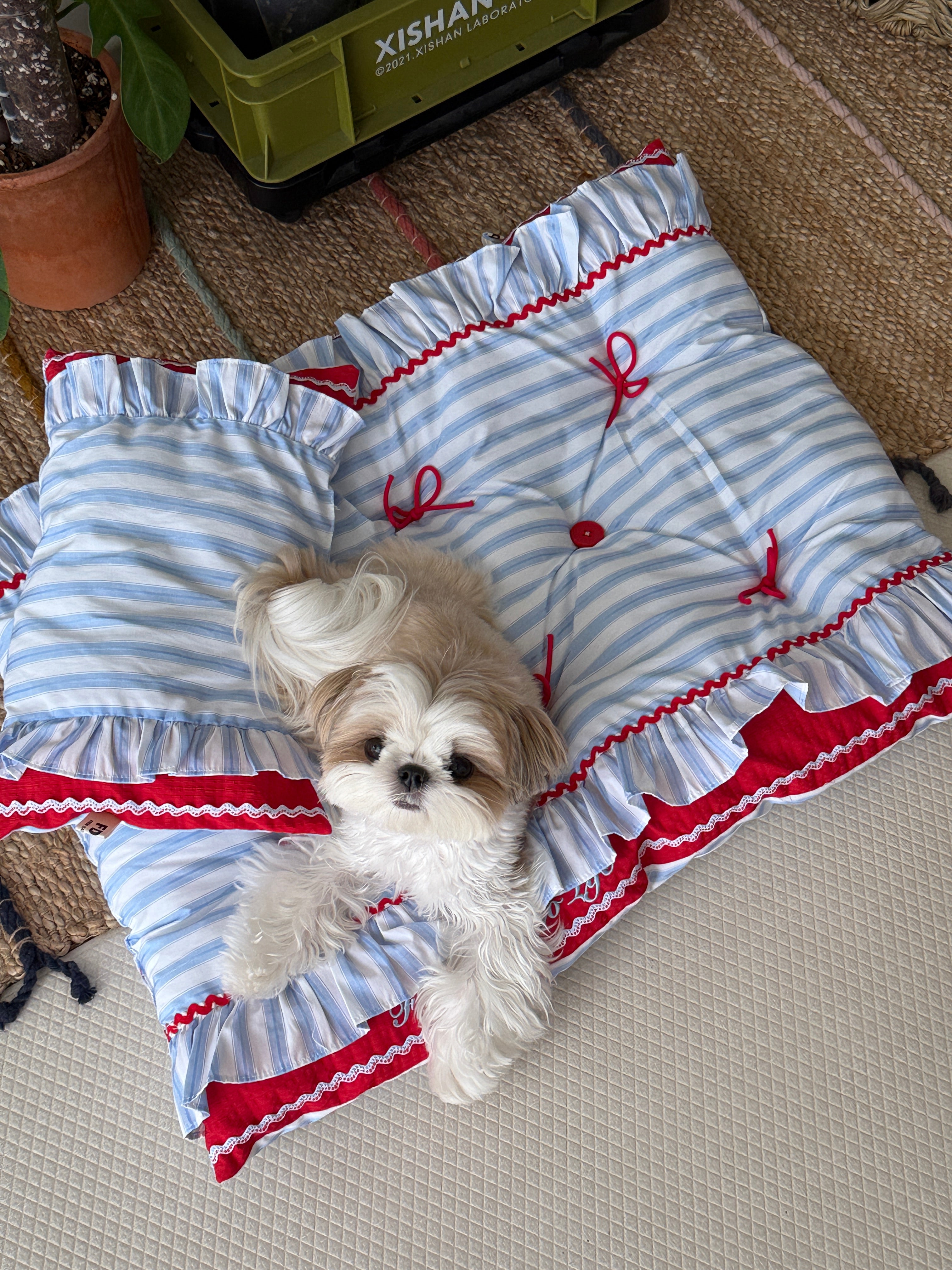 Handcrafted Sailor-Style Pet Mat | Blue Stripe & Red Ruffle Dog & Cat Cushion