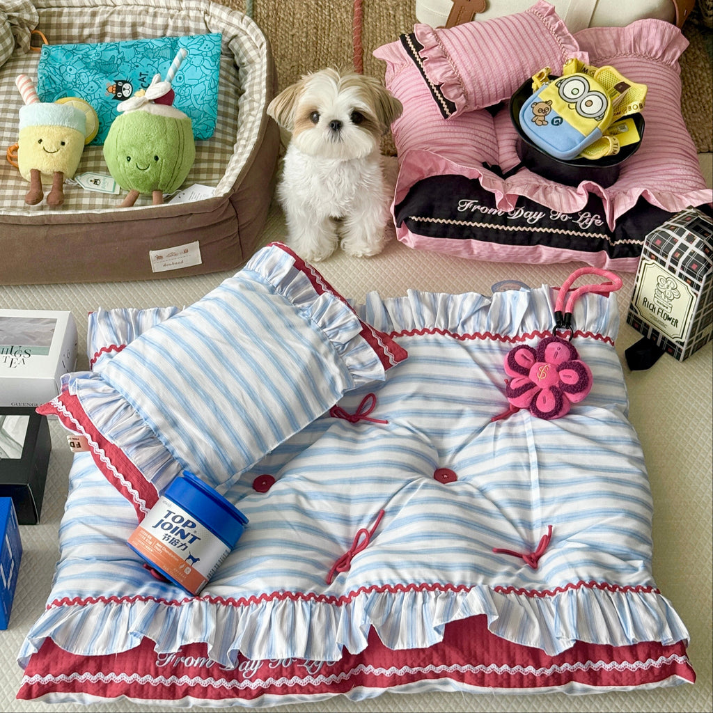Handcrafted Sailor-Style Pet Mat | Blue Stripe & Red Ruffle Dog & Cat Cushion