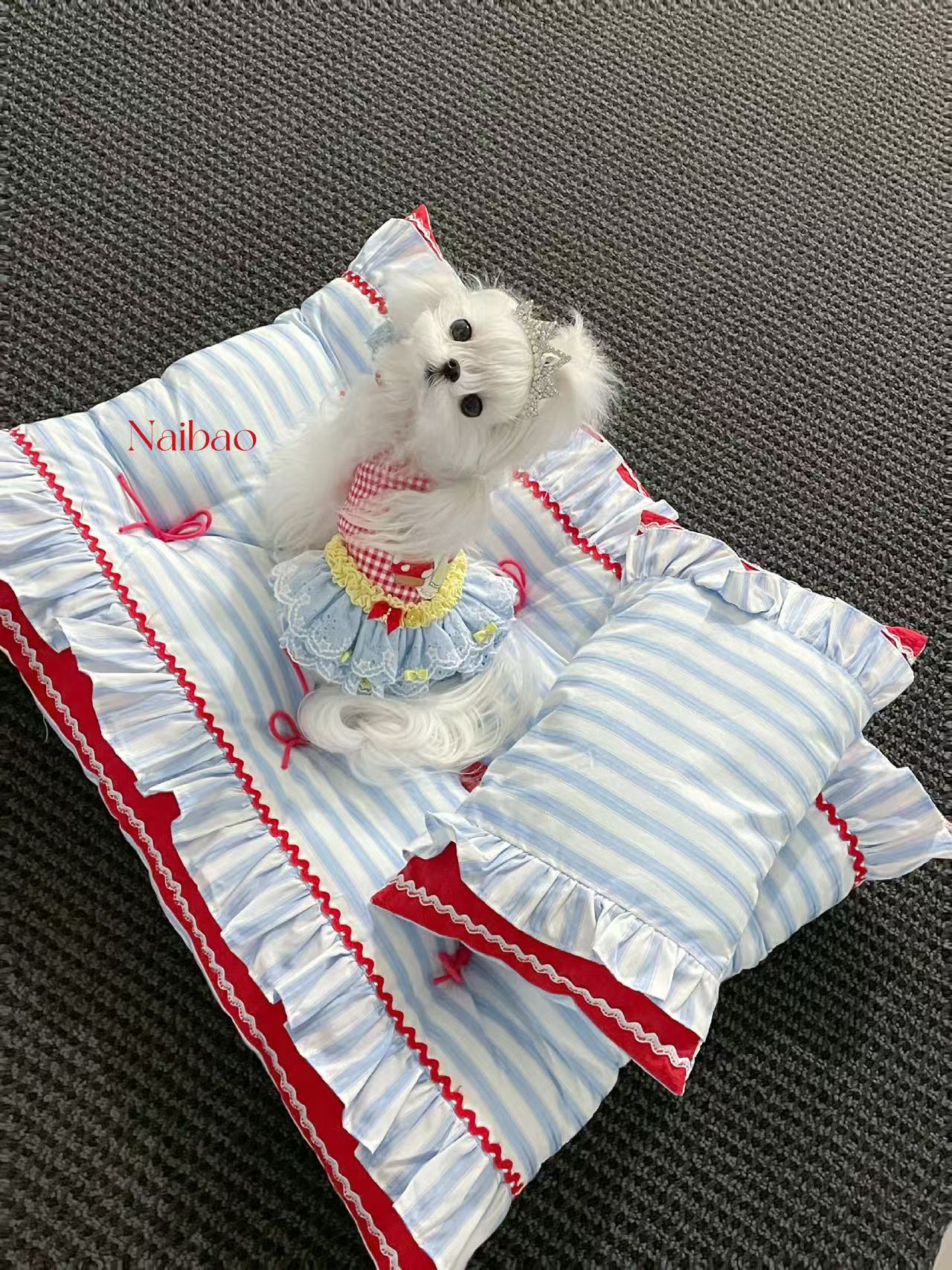 Handcrafted Sailor-Style Pet Mat | Blue Stripe & Red Ruffle Dog & Cat Cushion