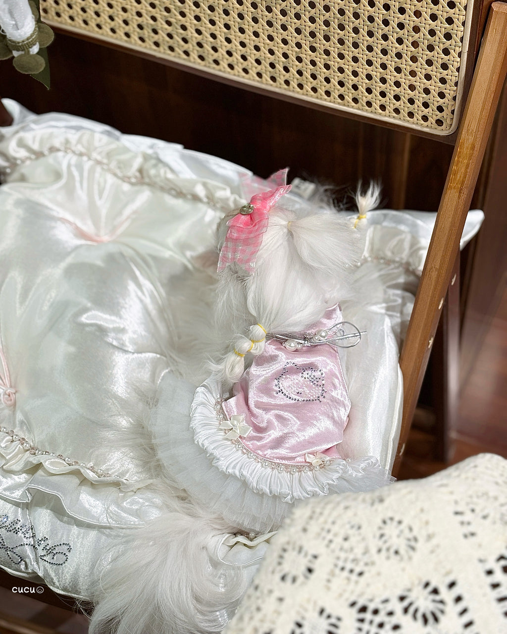 Handcrafted Crystal Bow Silk Satin Pet Dress | Coquette Maid Dog & Cat Outfit for Spring Summer Pink