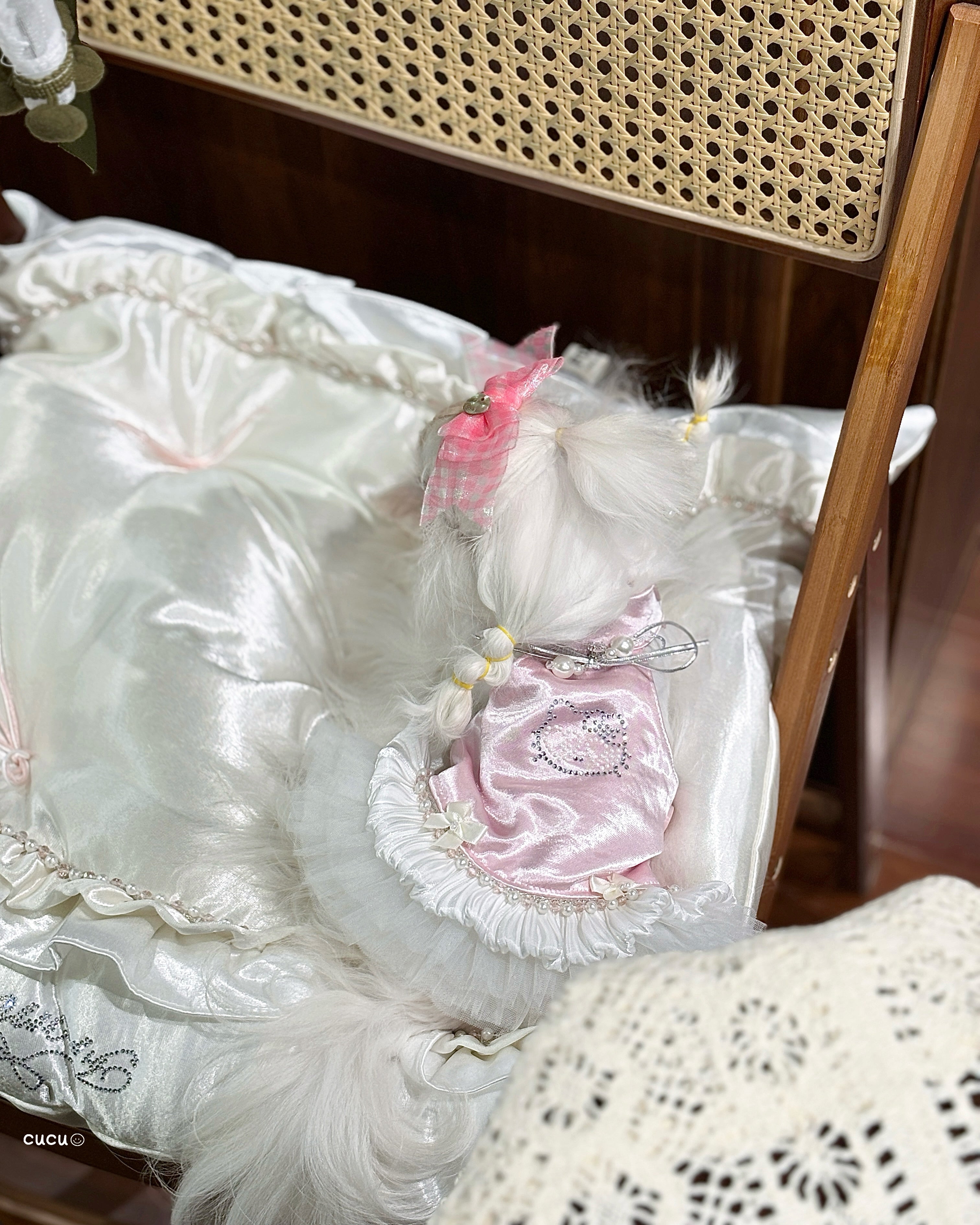 Handcrafted Crystal Bow Silk Satin Pet Dress | Coquette Maid Dog & Cat Outfit for Spring Summer Pink