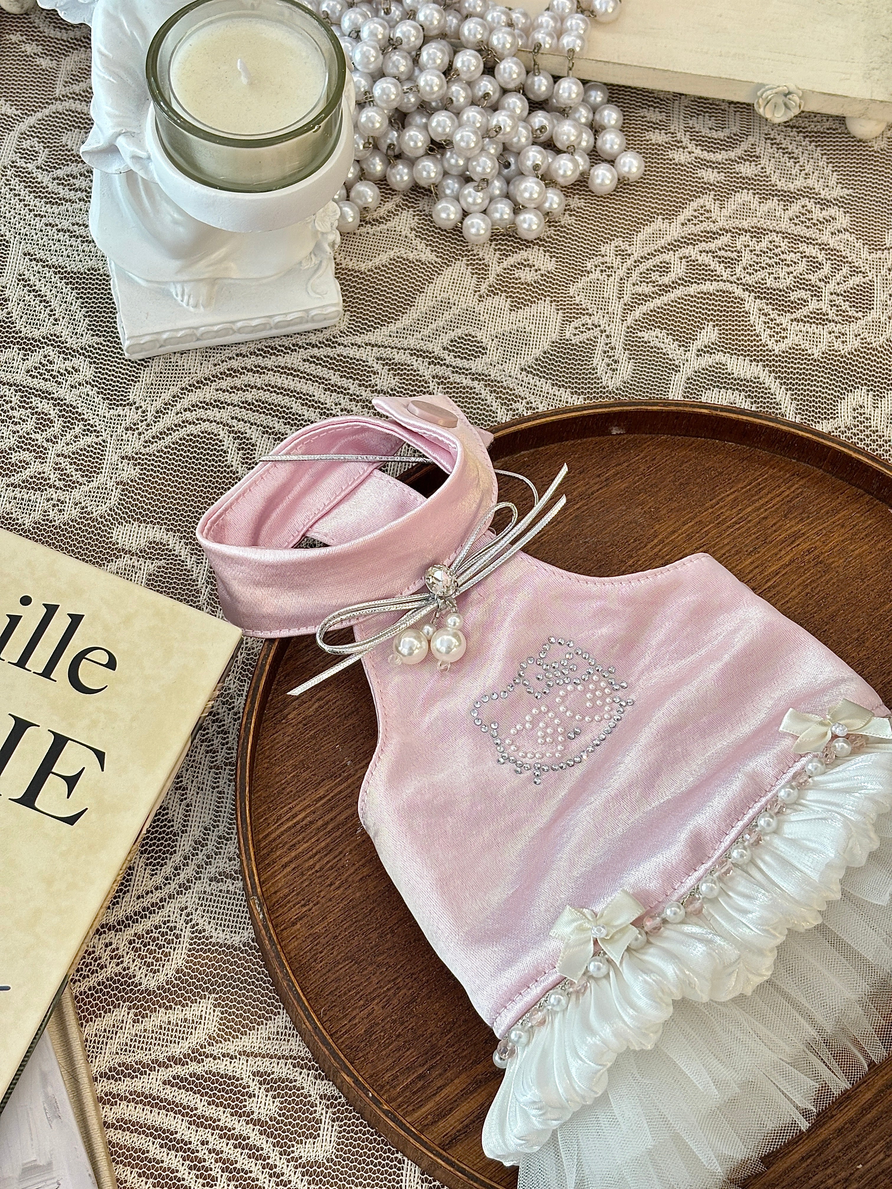 Handcrafted Crystal Bow Silk Satin Pet Dress | Coquette Maid Dog & Cat Outfit for Spring Summer Pink