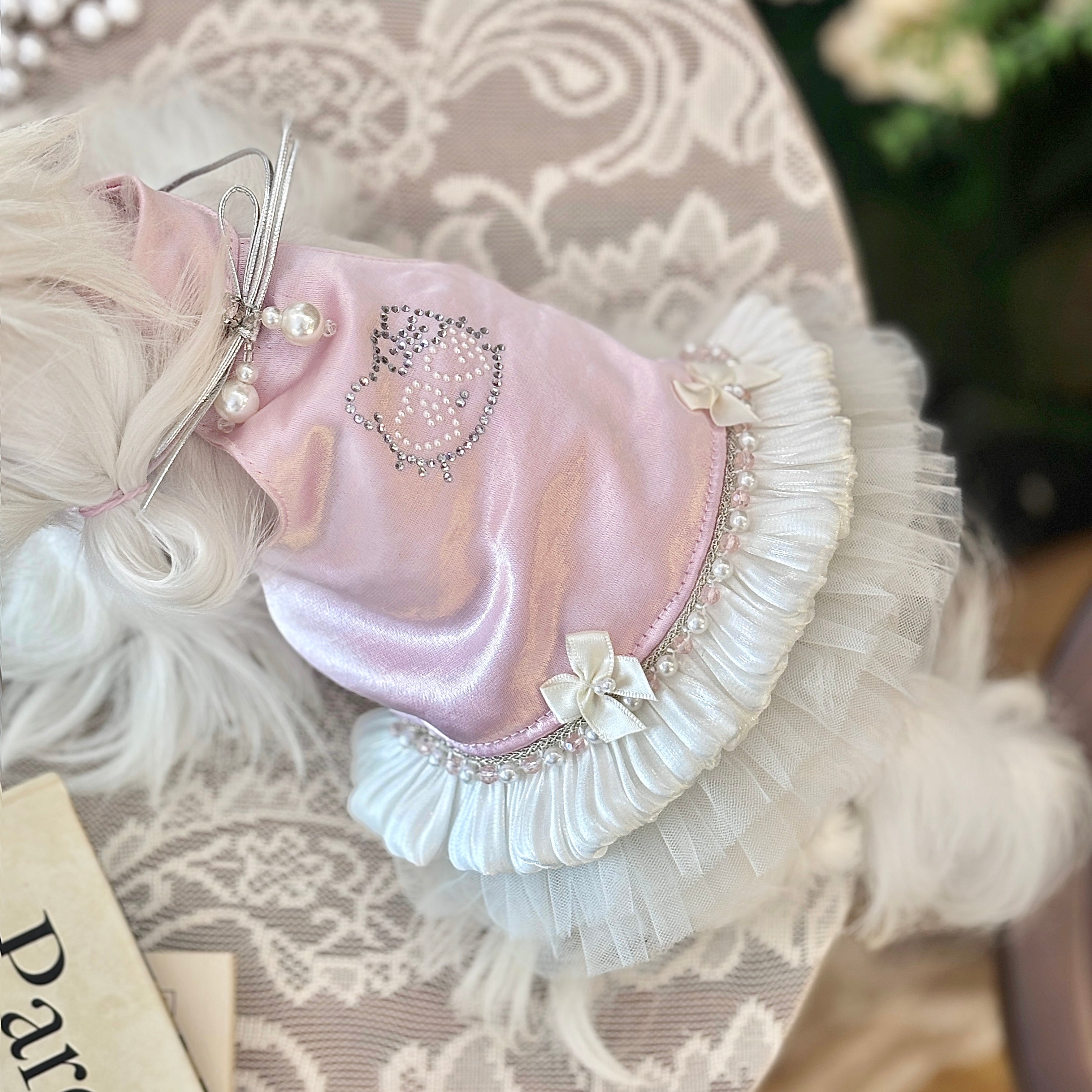Handcrafted Crystal Bow Silk Satin Pet Dress | Coquette Maid Dog & Cat Outfit for Spring Summer Pink