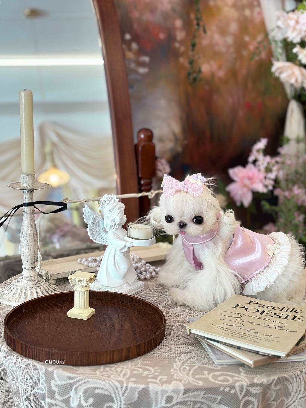 Handcrafted Crystal Bow Silk Satin Pet Dress | Coquette Maid Dog & Cat Outfit for Spring Summer Pink