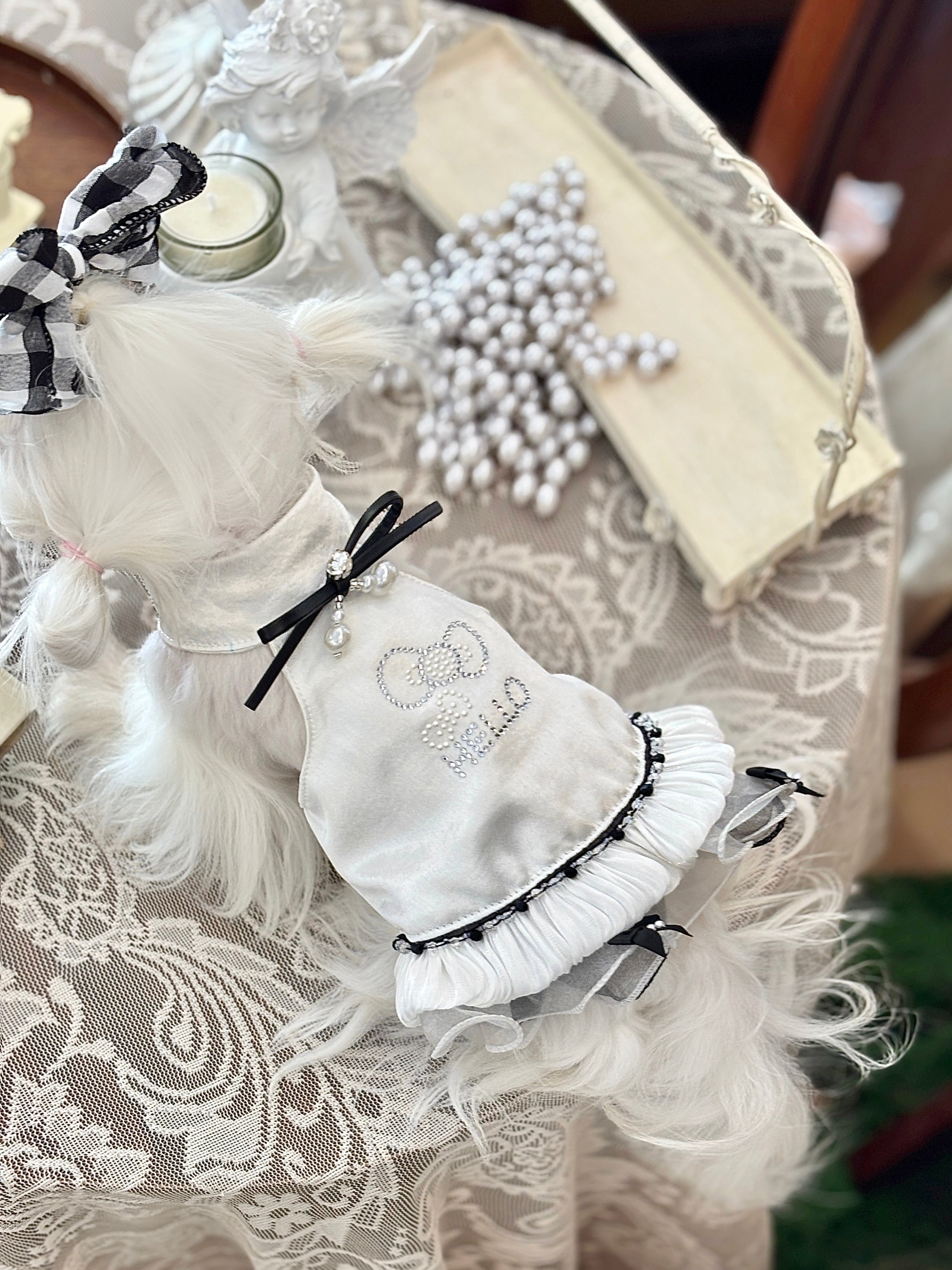 Handcrafted Crystal Bow Silk Satin Pet Dress | Coquette Maid Dog & Cat Outfit for Spring Summer