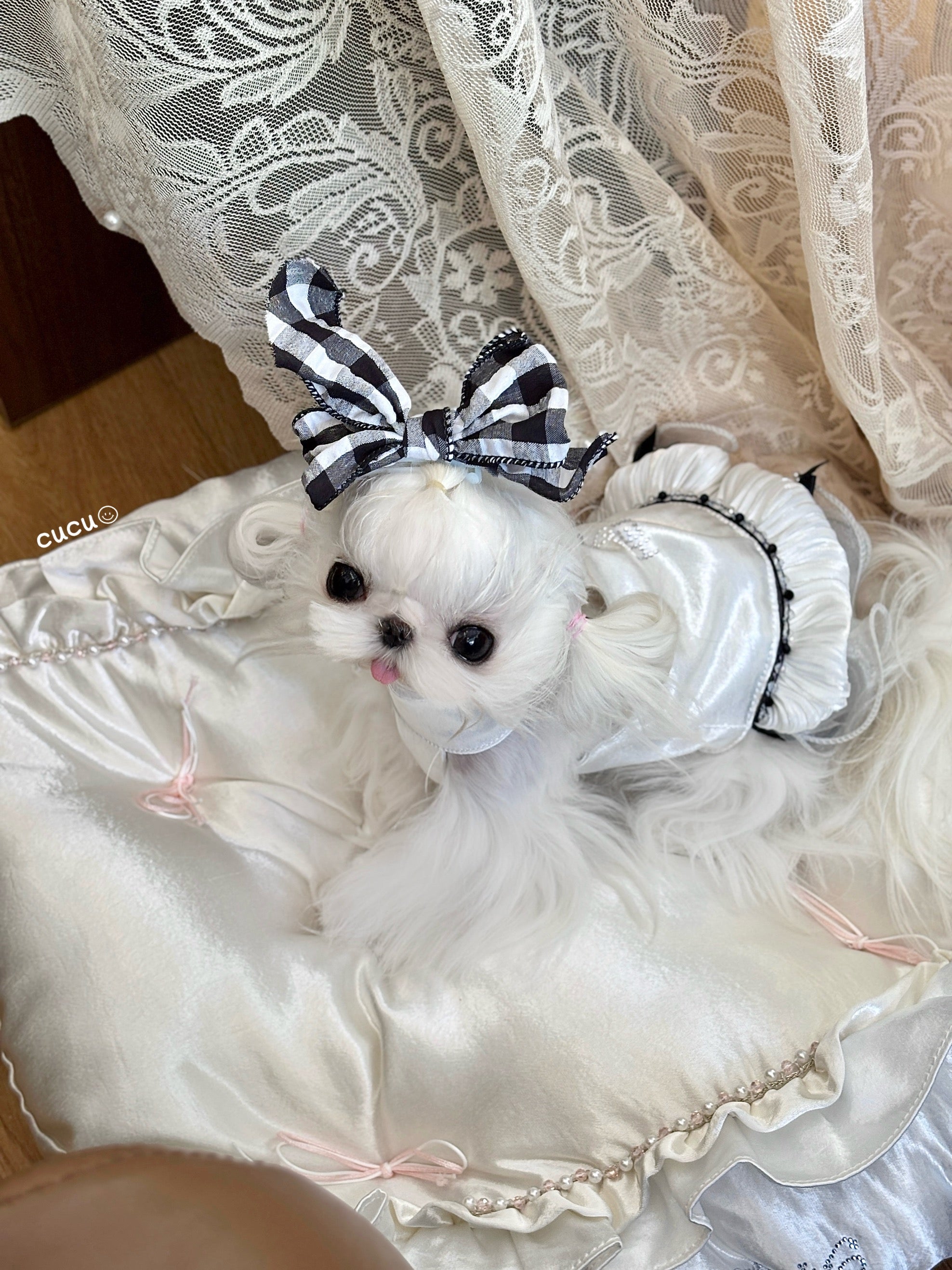 Handcrafted Crystal Bow Silk Satin Pet Dress | Coquette Maid Dog & Cat Outfit for Spring Summer
