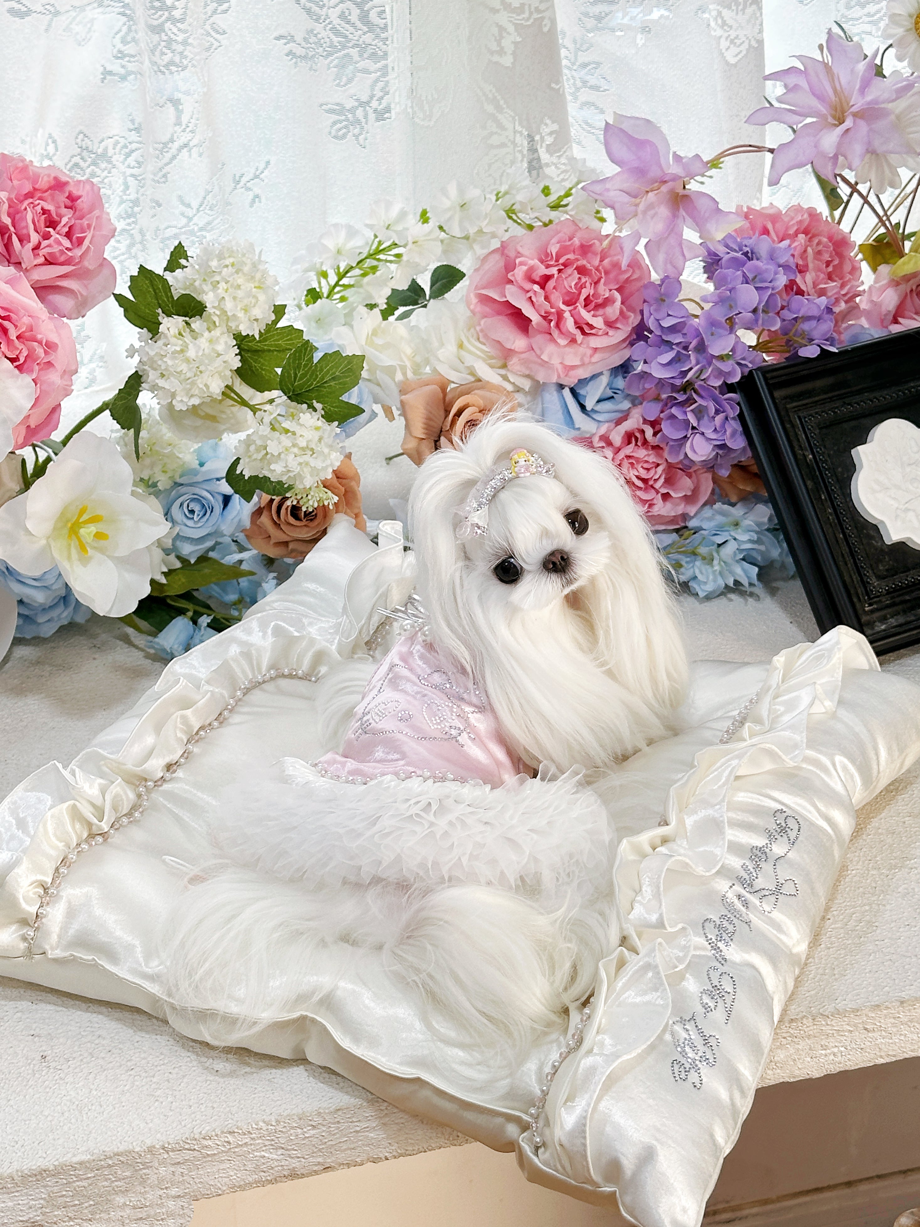 Handcrafted Crystal Bow Silk Satin Pet Dress | Coquette Maid Dog & Cat Outfit for Spring Summer Pink