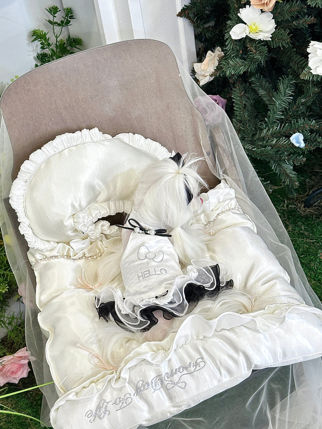 Handcrafted Crystal Bow Silk Satin Pet Dress | Coquette Maid Dog & Cat Outfit for Spring Summer