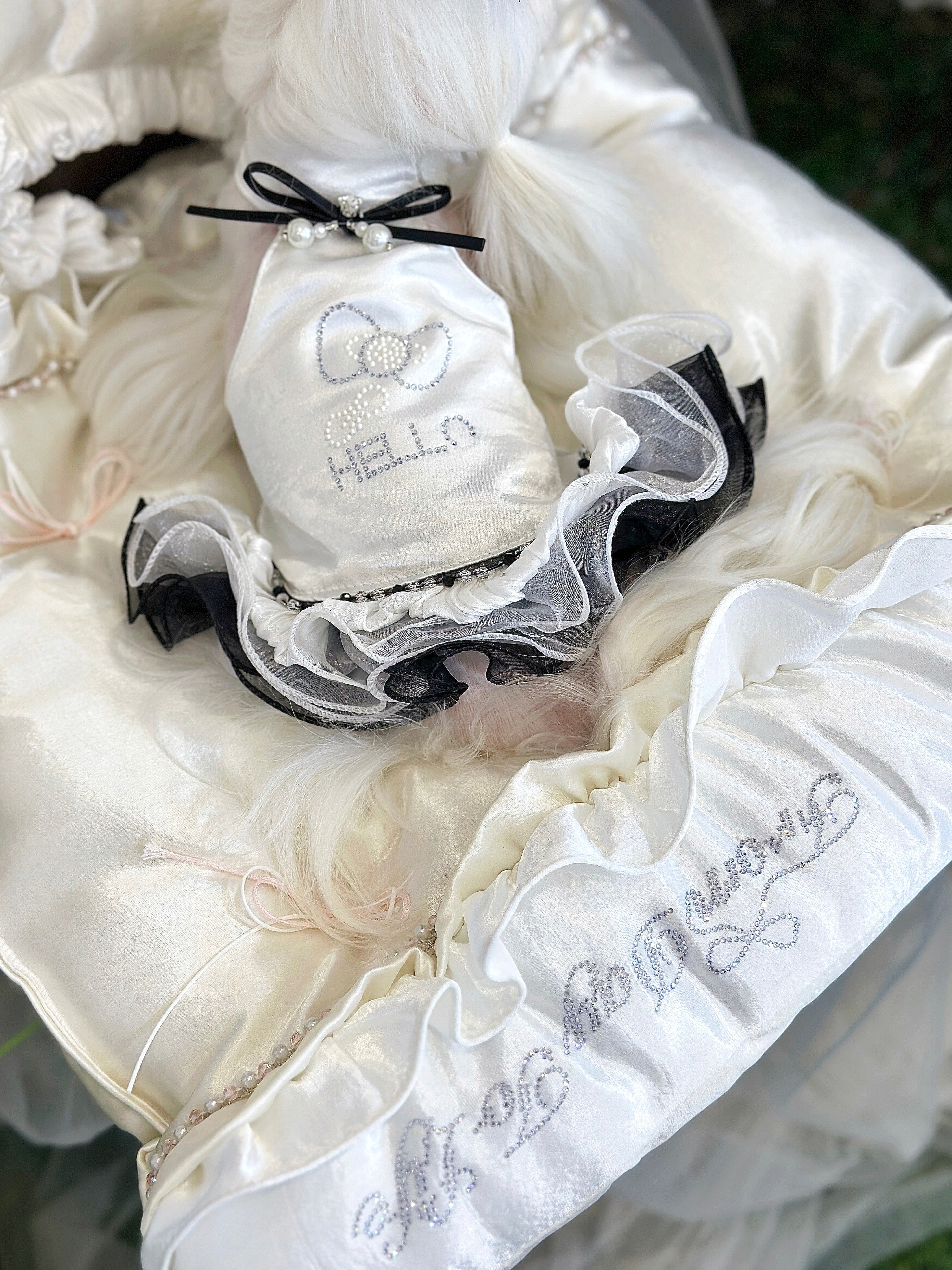 Handcrafted Crystal Bow Silk Satin Pet Dress | Coquette Maid Dog & Cat Outfit for Spring Summer