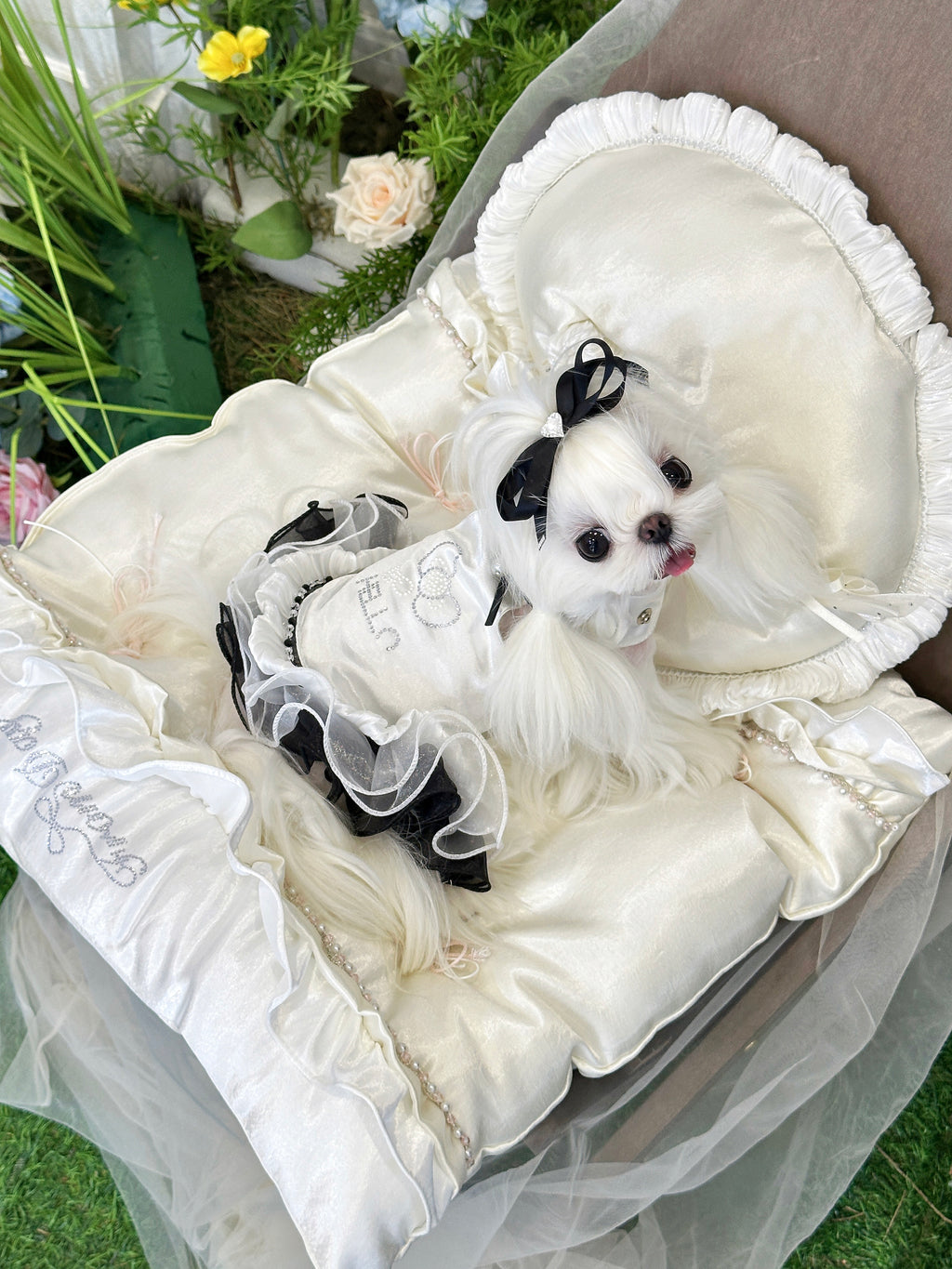 Handcrafted Crystal Bow Silk Satin Pet Dress | Coquette Maid Dog & Cat Outfit for Spring Summer