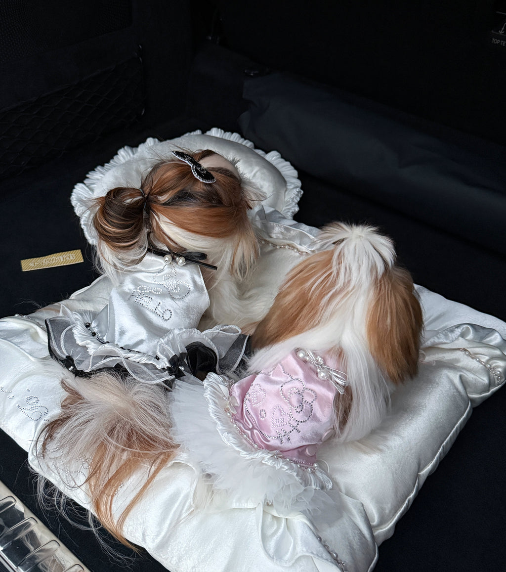Handcrafted Crystal Bow Silk Satin Pet Dress | Coquette Maid Dog & Cat Outfit for Spring Summer Pink