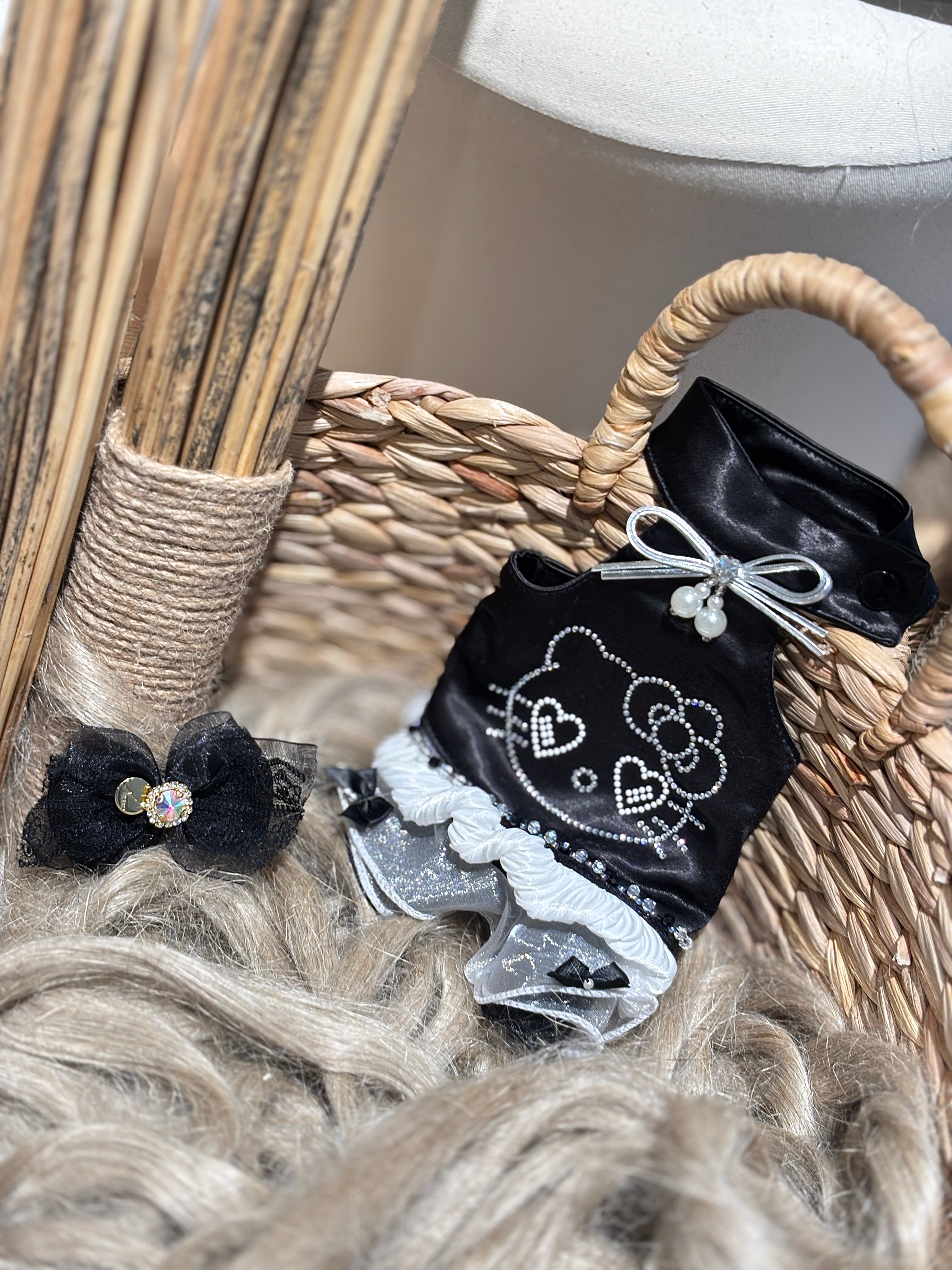 Handcrafted Crystal Bow Silk Satin Pet Dress | Coquette Maid Dog & Cat Outfit for Spring Summer Black