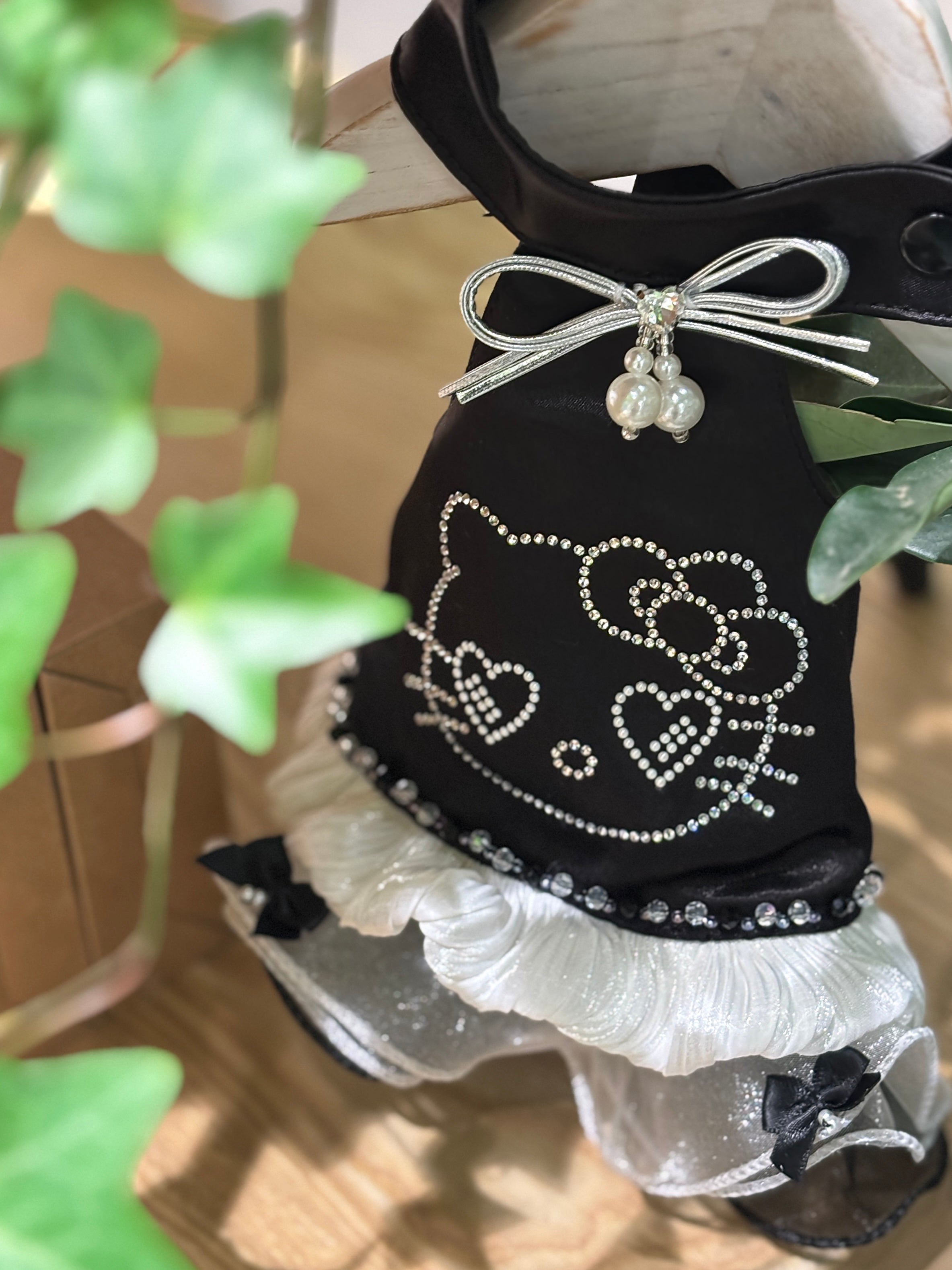 Handcrafted Crystal Bow Silk Satin Pet Dress | Coquette Maid Dog & Cat Outfit for Spring Summer Black