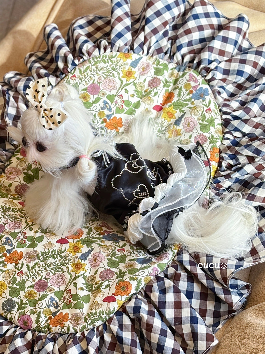 Handcrafted Crystal Bow Silk Satin Pet Dress | Coquette Maid Dog & Cat Outfit for Spring Summer Black