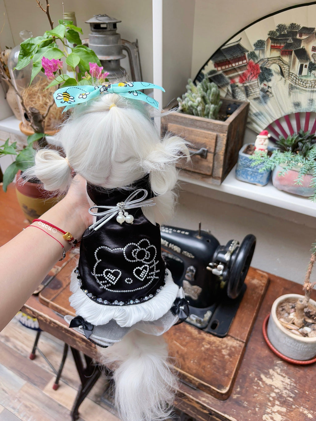Handcrafted Crystal Bow Silk Satin Pet Dress | Coquette Maid Dog & Cat Outfit for Spring Summer Black