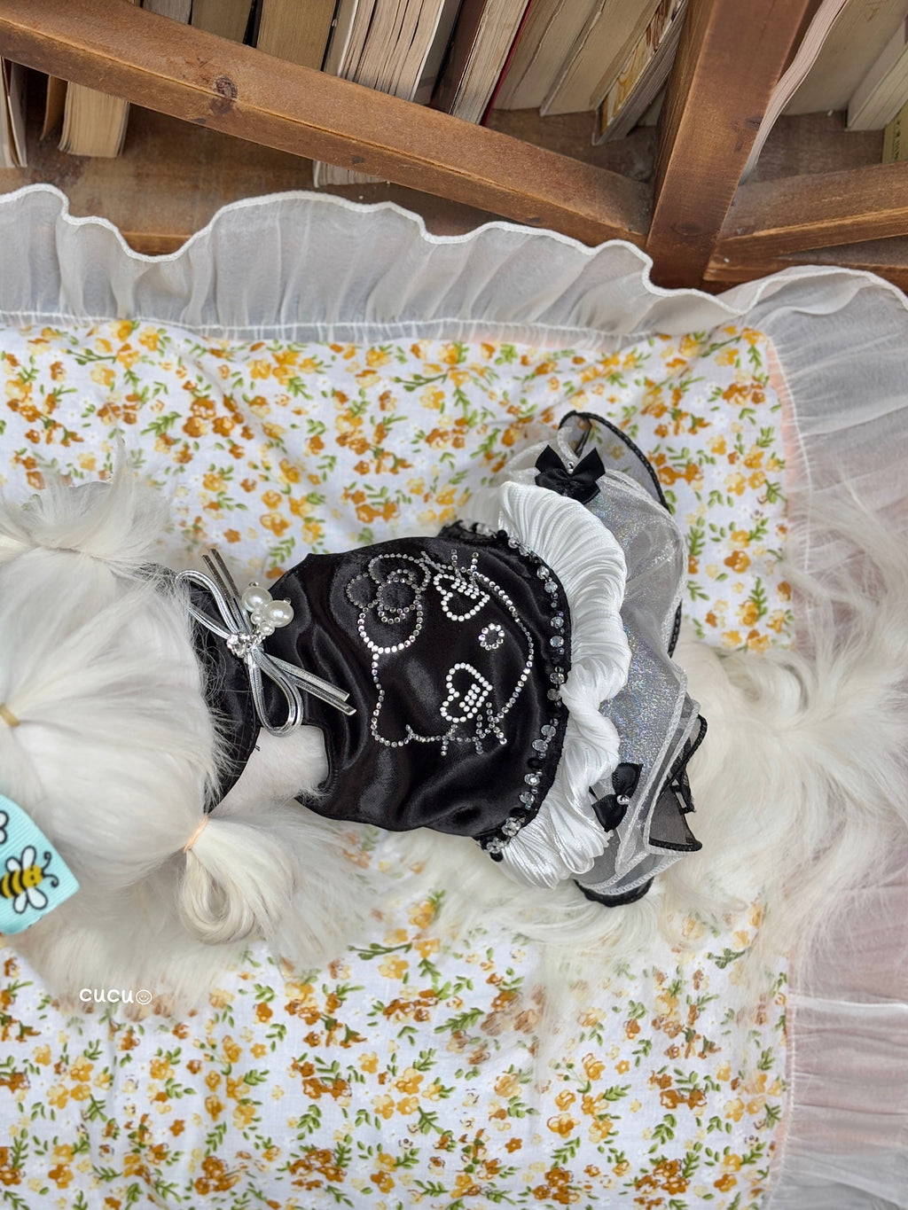 Handcrafted Crystal Bow Silk Satin Pet Dress | Coquette Maid Dog & Cat Outfit for Spring Summer Black