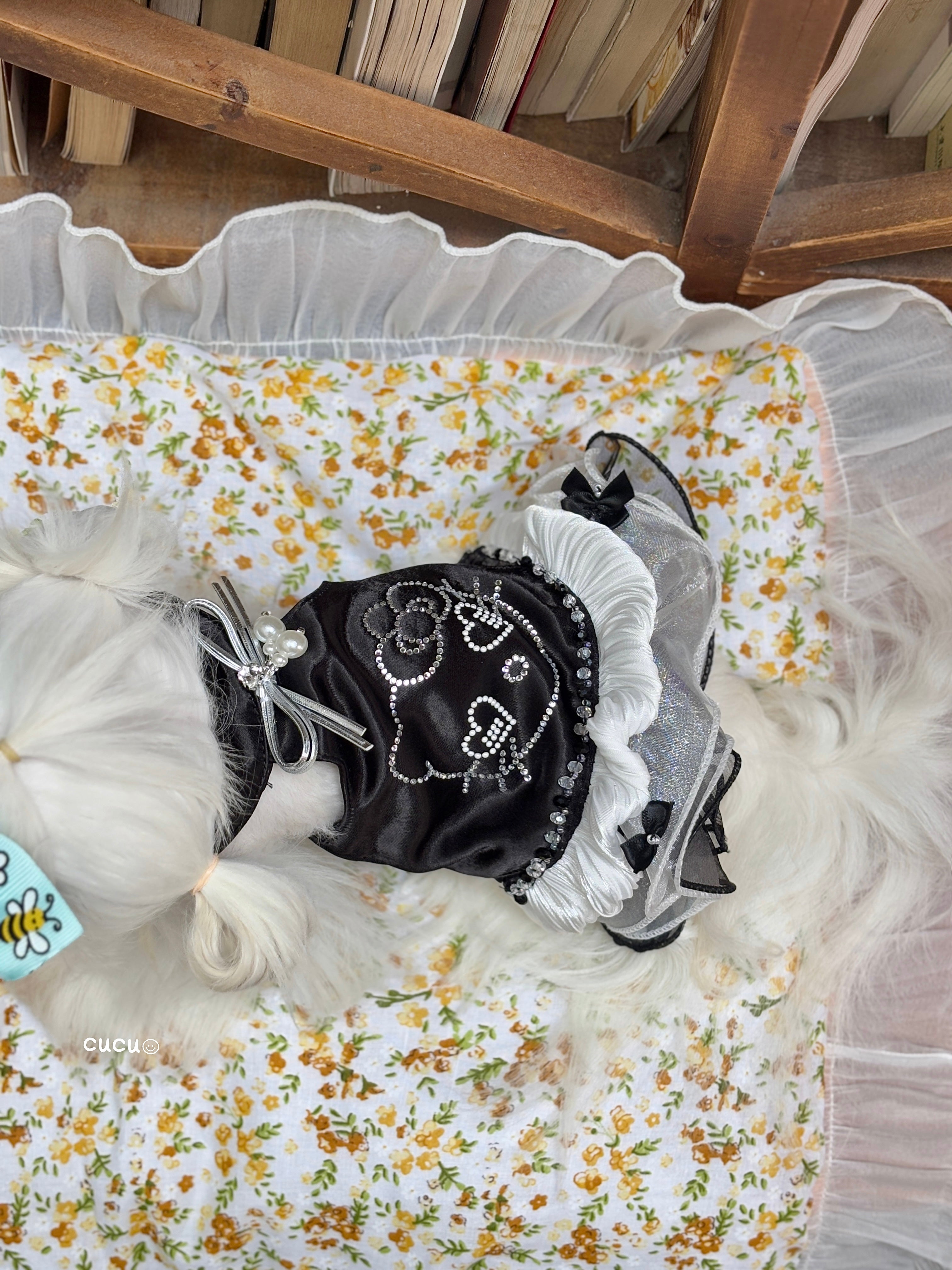 Handcrafted Crystal Bow Silk Satin Pet Dress | Coquette Maid Dog & Cat Outfit for Spring Summer Black