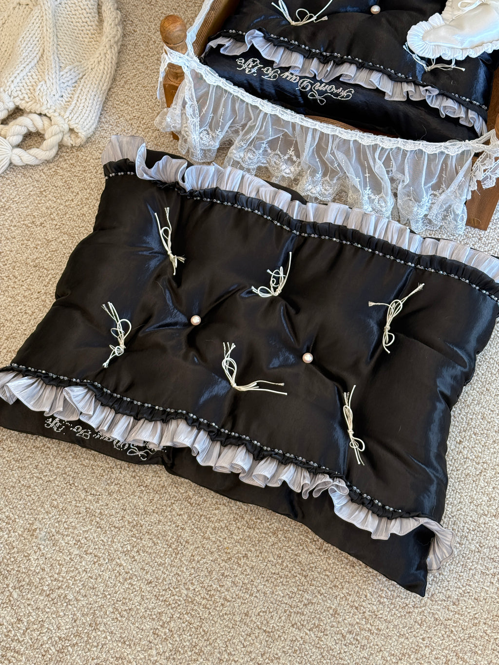 Handcrafted Black Silk Satin Pet Bed | Gothic Elegance Dog & Cat Nest with Pillow