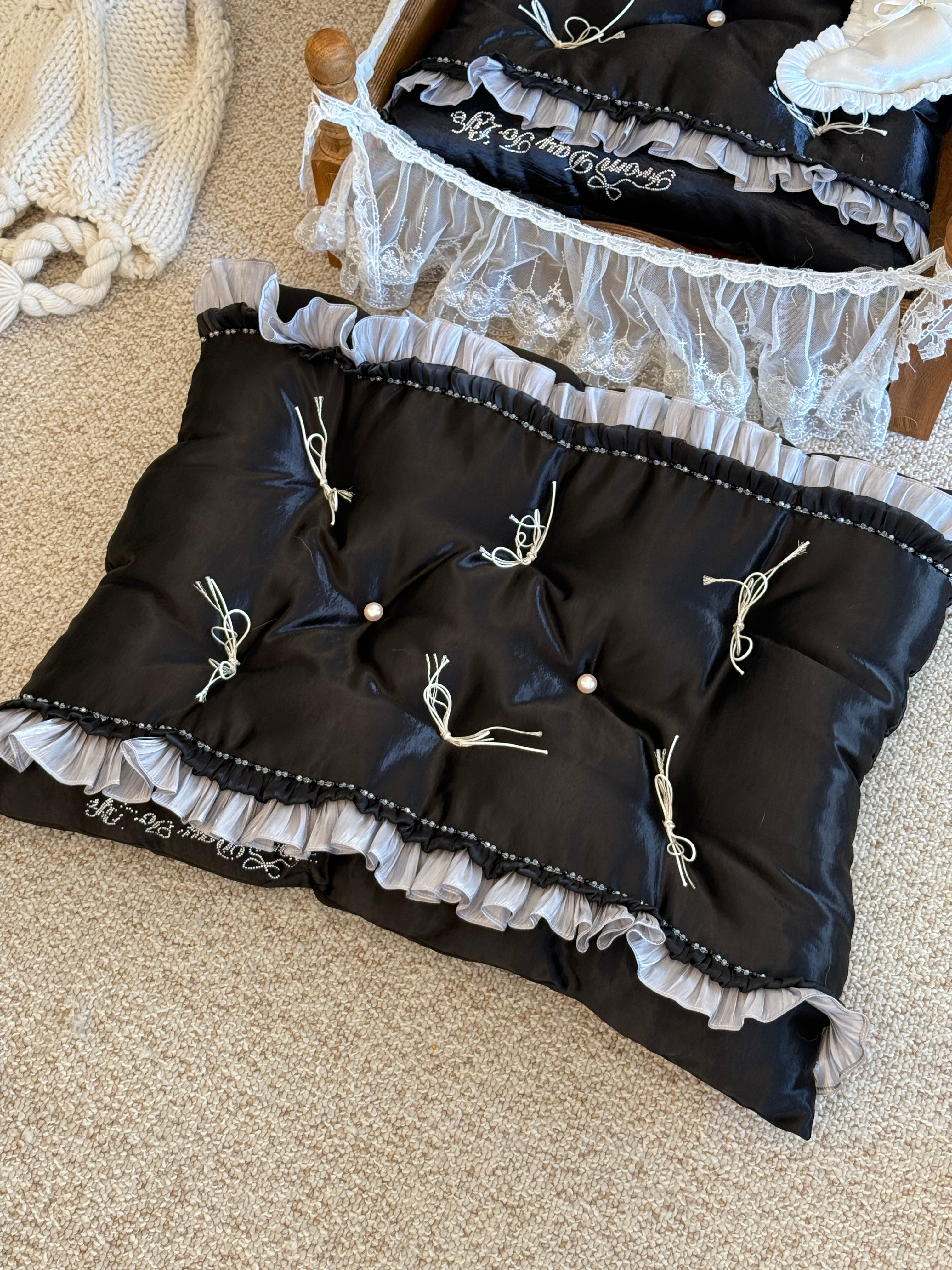 Handcrafted Black Silk Satin Pet Bed | Gothic Elegance Dog & Cat Nest with Pillow