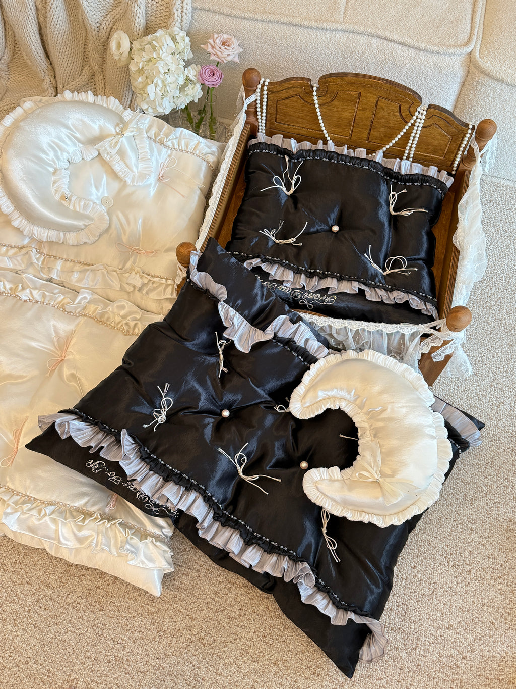 Handcrafted Black Silk Satin Pet Bed | Gothic Elegance Dog & Cat Nest with Pillow