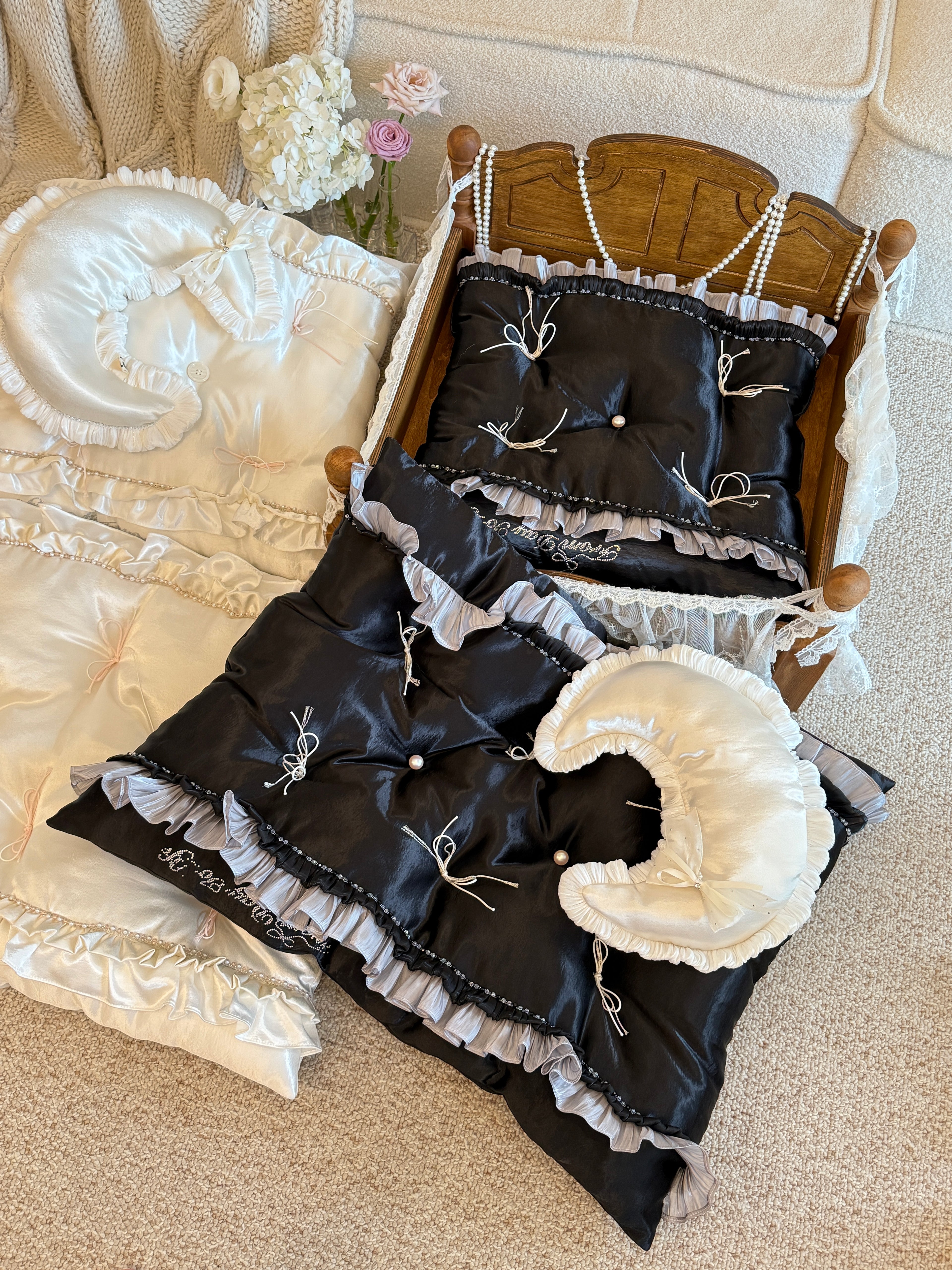 Handcrafted Black Silk Satin Pet Bed | Gothic Elegance Dog & Cat Nest with Pillow