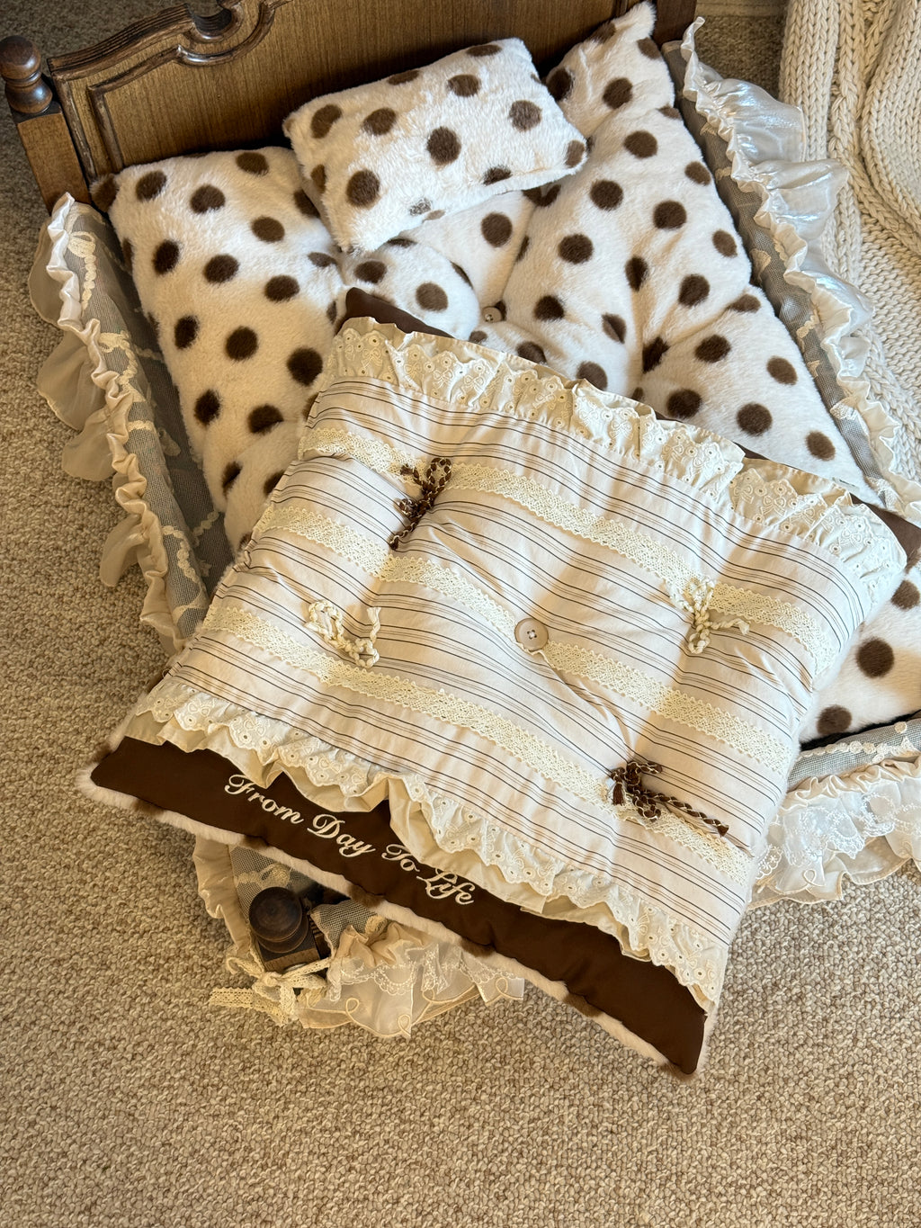 Handcrafted Reversible Stripe & Polka Dot Pet Mat | Vintage Lace Dog & Cat Bed with Pillow