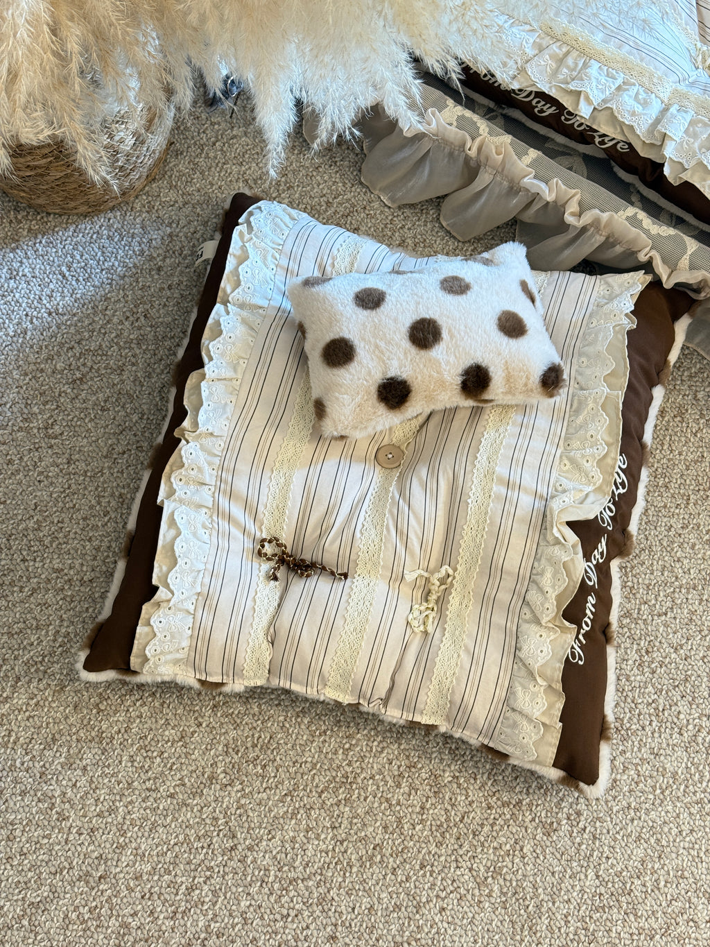 Handcrafted Reversible Stripe & Polka Dot Pet Mat | Vintage Lace Dog & Cat Bed with Pillow