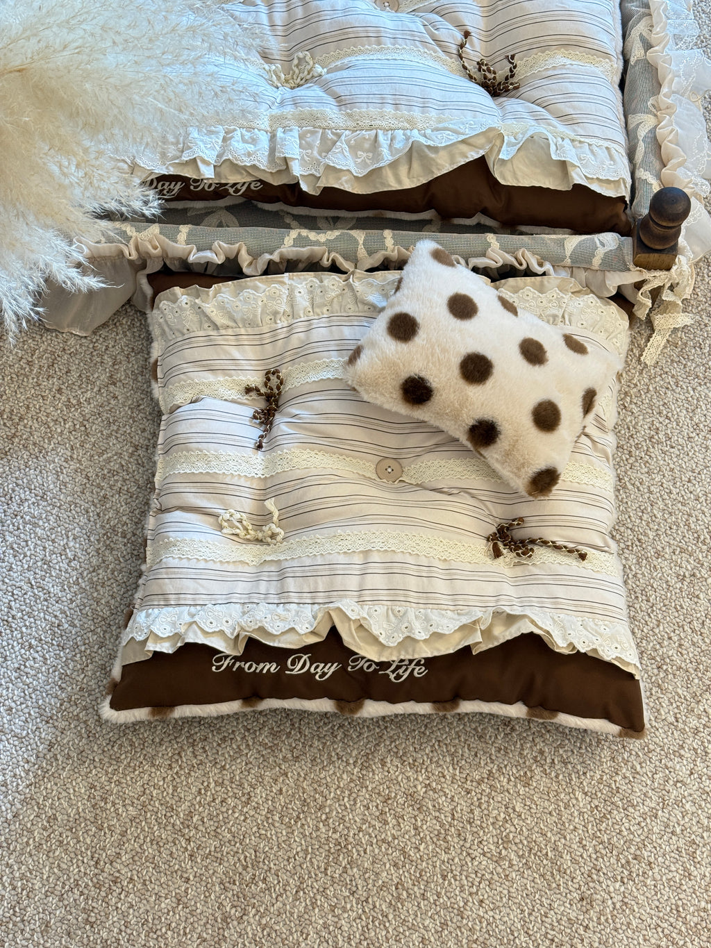 Handcrafted Reversible Stripe & Polka Dot Pet Mat | Vintage Lace Dog & Cat Bed with Pillow