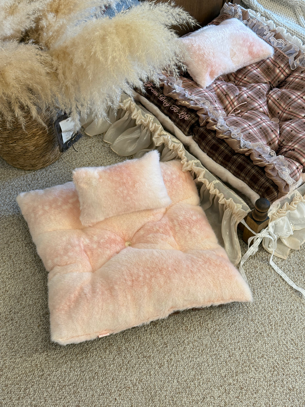 Handcrafted Reversible Plaid & Blush Velvet Pet Mat | Warm Winter Dog & Cat Bed with Pillow