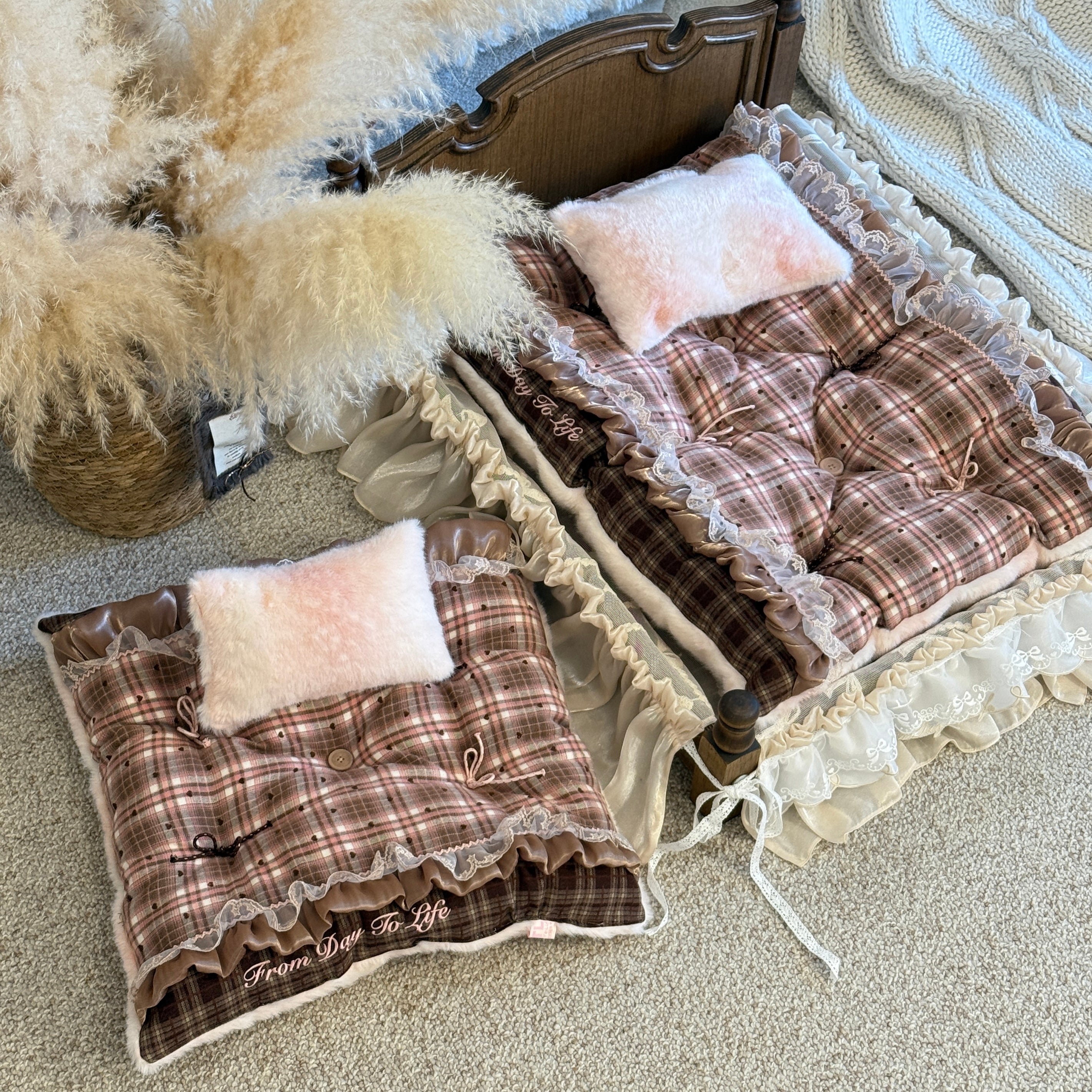 Handcrafted Reversible Plaid & Blush Velvet Pet Mat | Warm Winter Dog & Cat Bed with Pillow