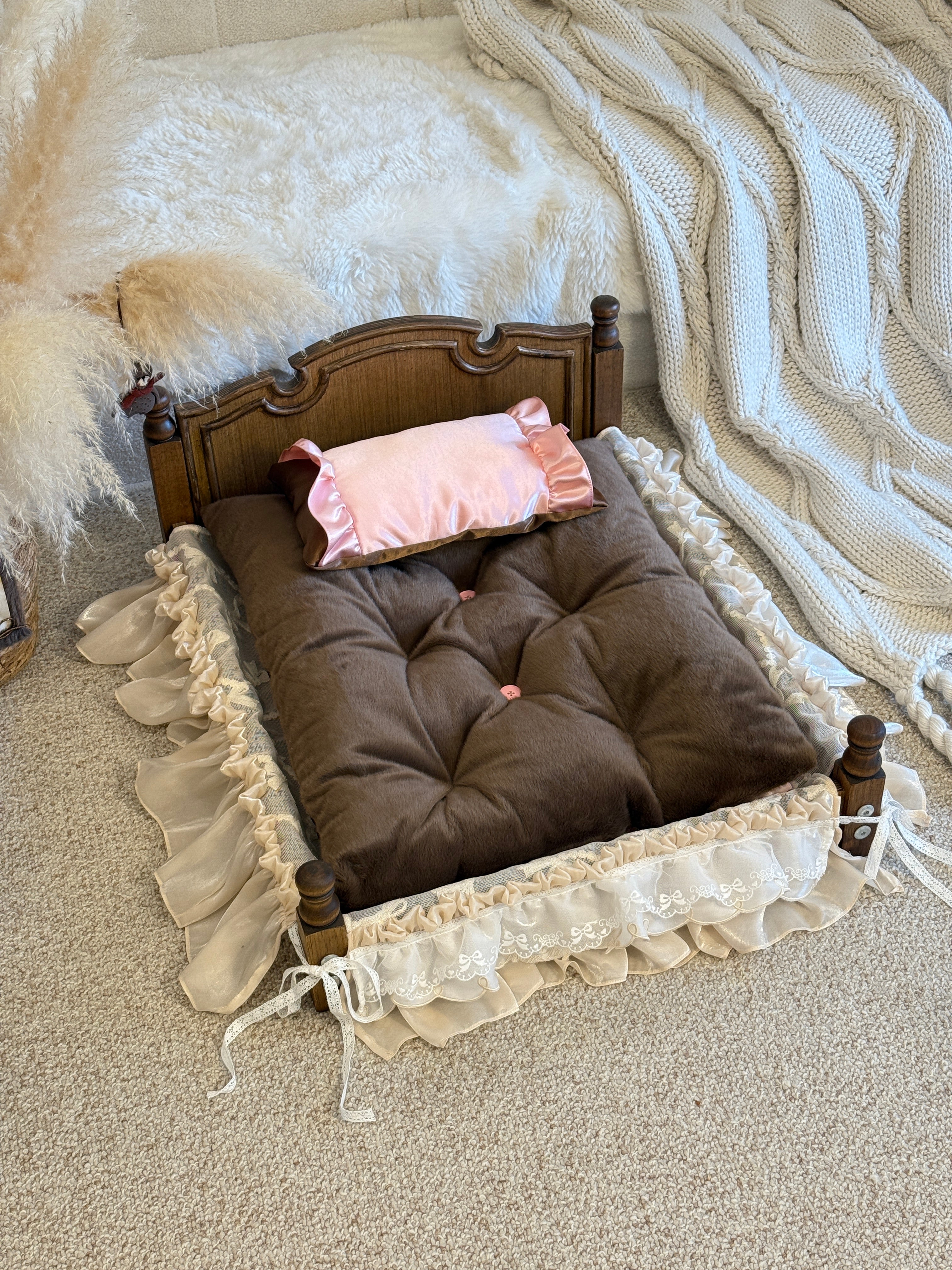 Handcrafted Reversible Pink Silk & Brown Velvet Pet Mat | Coquette Princess Dog & Cat Bed with Pillow