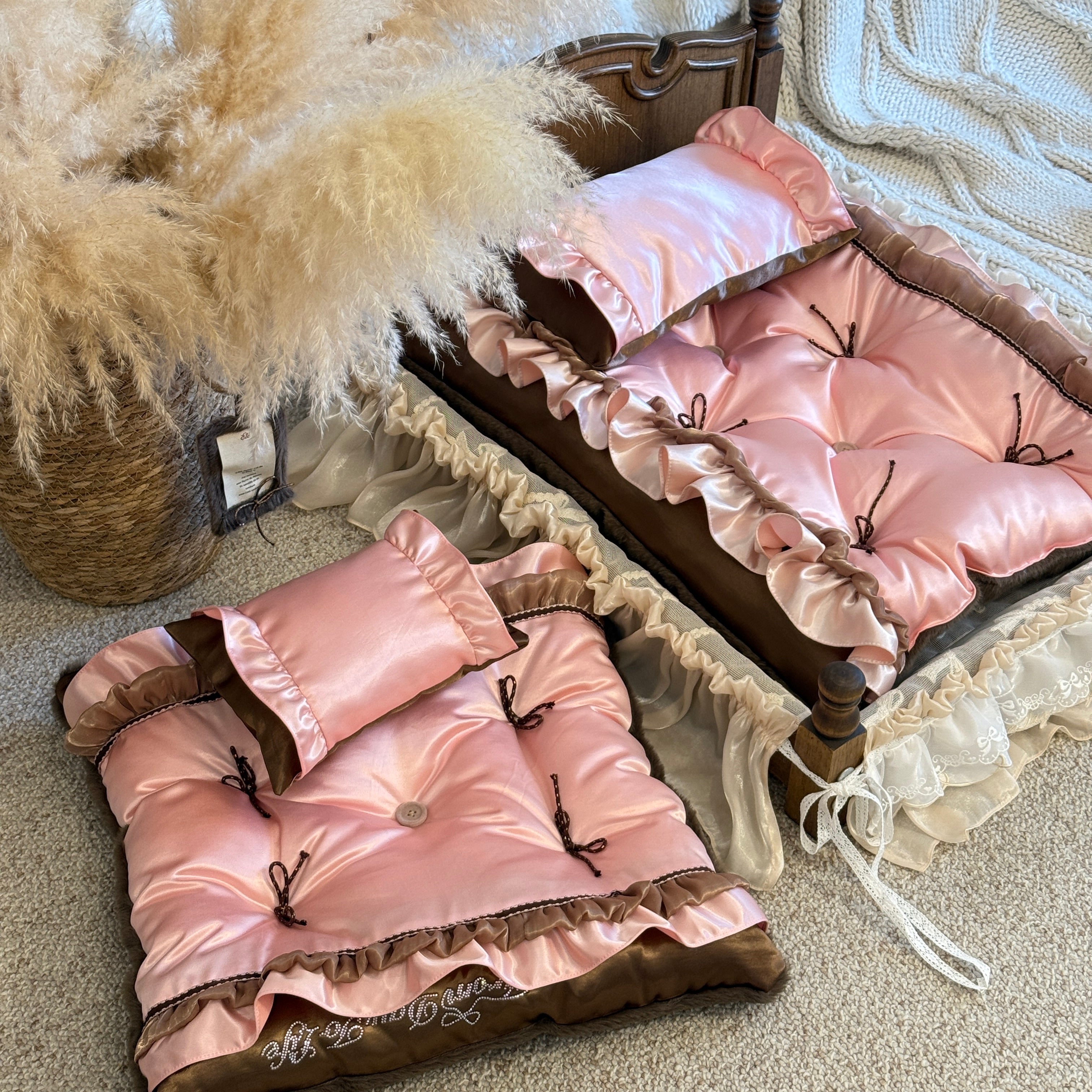 FDTL Handcrafted Pink Silk Satin Pet Bed | Reversible Coquette-Style Dog & Cat Nest with Pillow