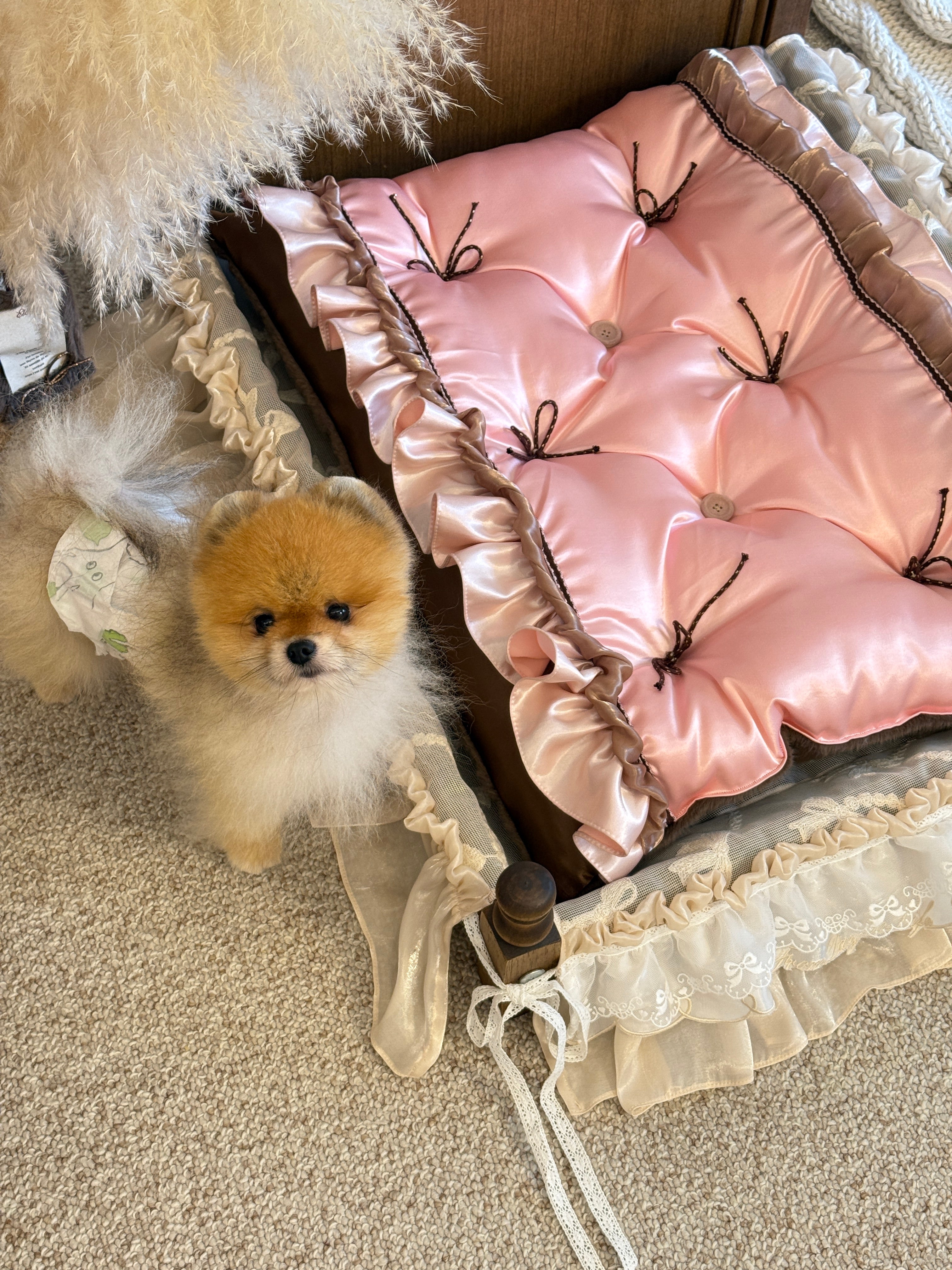 FDTL Handcrafted Pink Silk Satin Pet Bed | Reversible Coquette-Style Dog & Cat Nest with Pillow