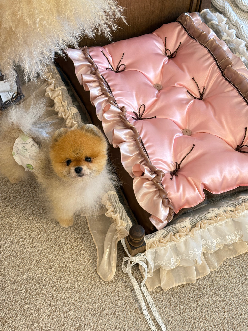 Handcrafted Reversible Pink Silk & Brown Velvet Pet Mat | Coquette Princess Dog & Cat Bed with Pillow
