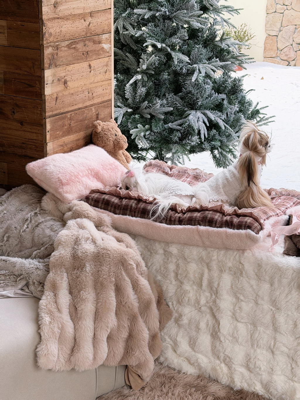 Handcrafted Reversible Plaid & Blush Velvet Pet Mat | Warm Winter Dog & Cat Bed with Pillow