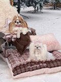 Handcrafted Reversible Plaid & Blush Velvet Pet Mat | Warm Winter Dog & Cat Bed with Pillow