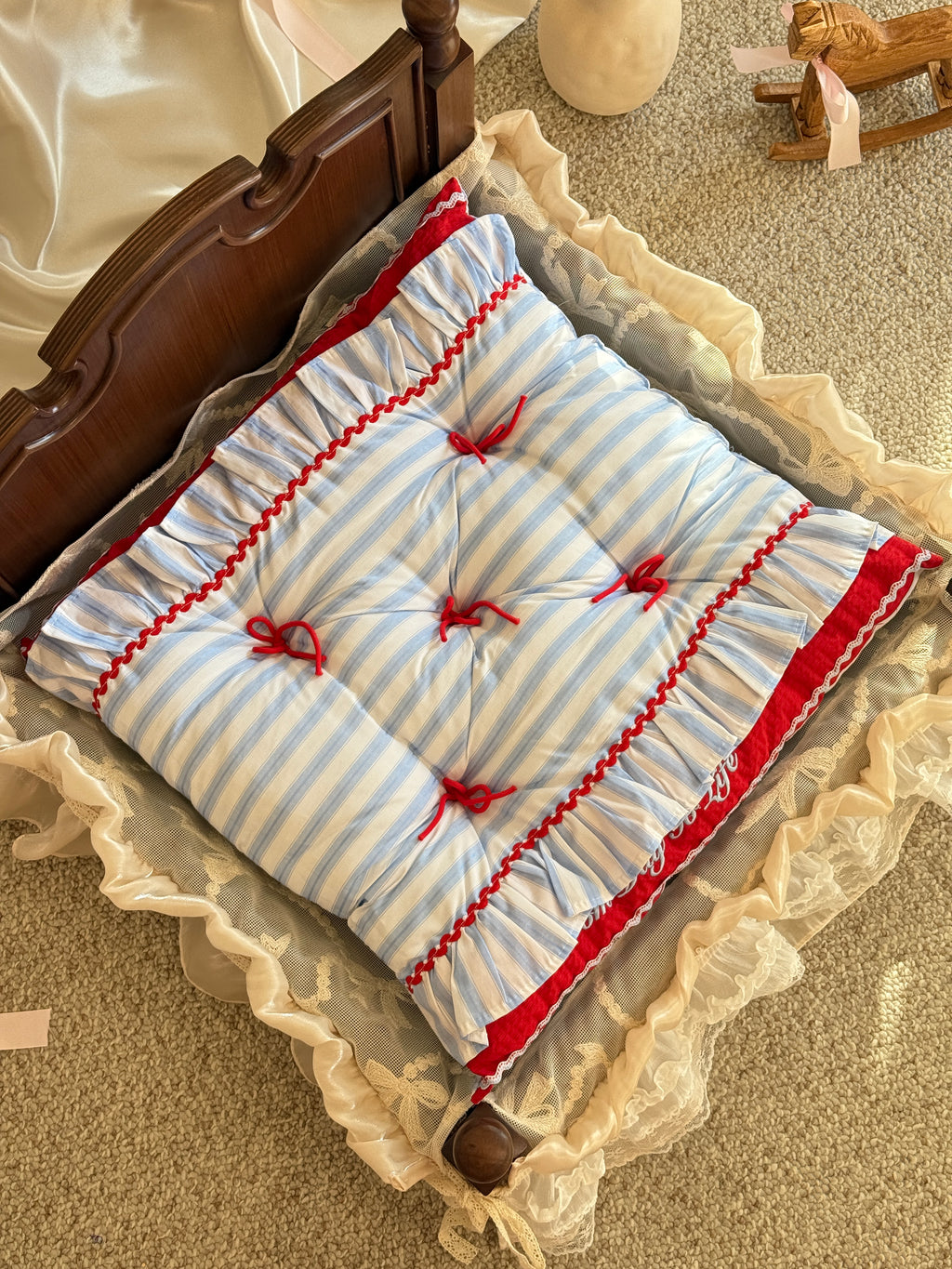 Handcrafted Sailor-Style Pet Mat | Blue Stripe & Red Ruffle Dog & Cat Cushion