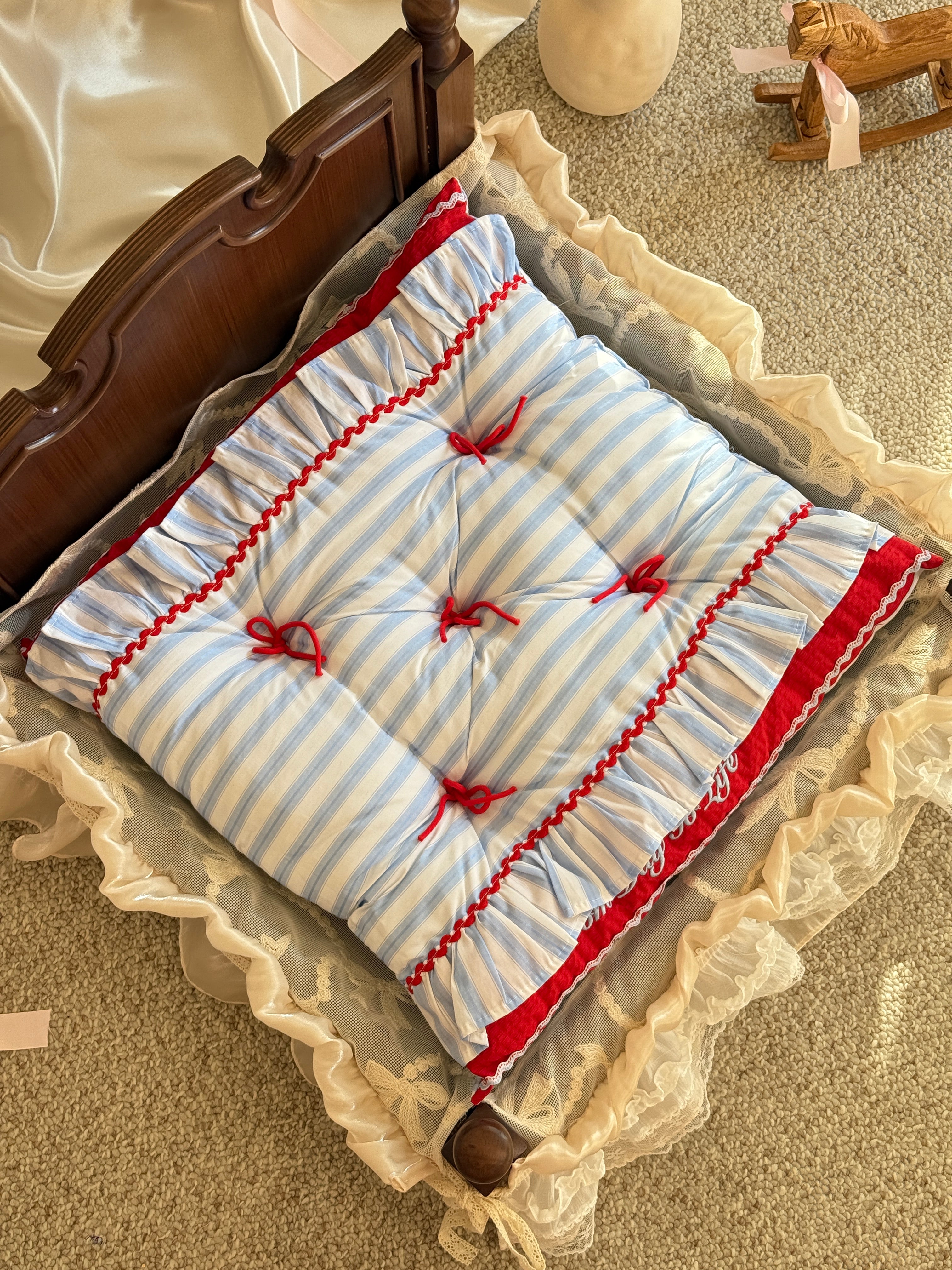 Handcrafted Sailor-Style Pet Mat | Blue Stripe & Red Ruffle Dog & Cat Cushion