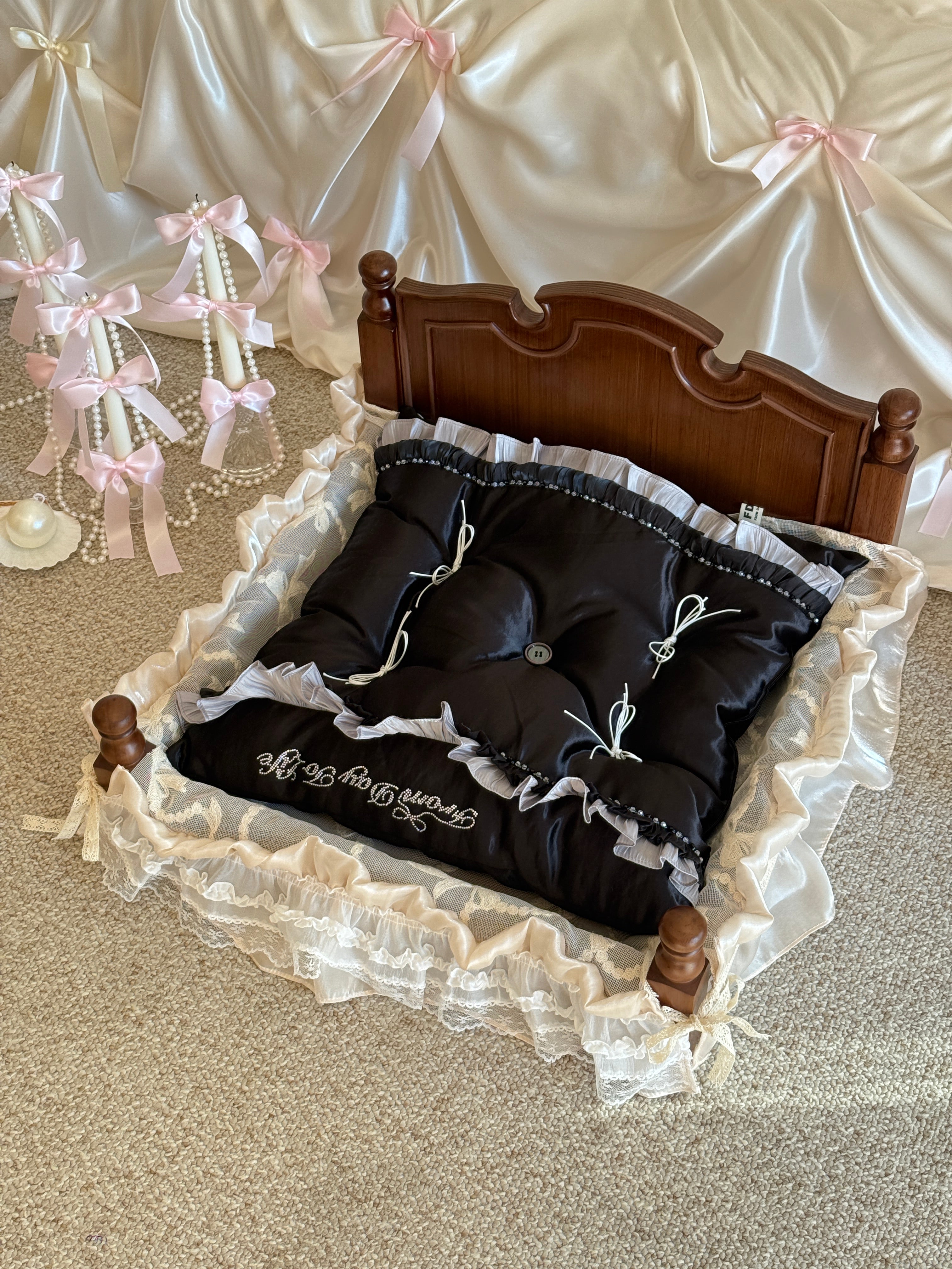 Handcrafted Black Silk Satin Pet Bed | Gothic Elegance Dog & Cat Nest with Pillow