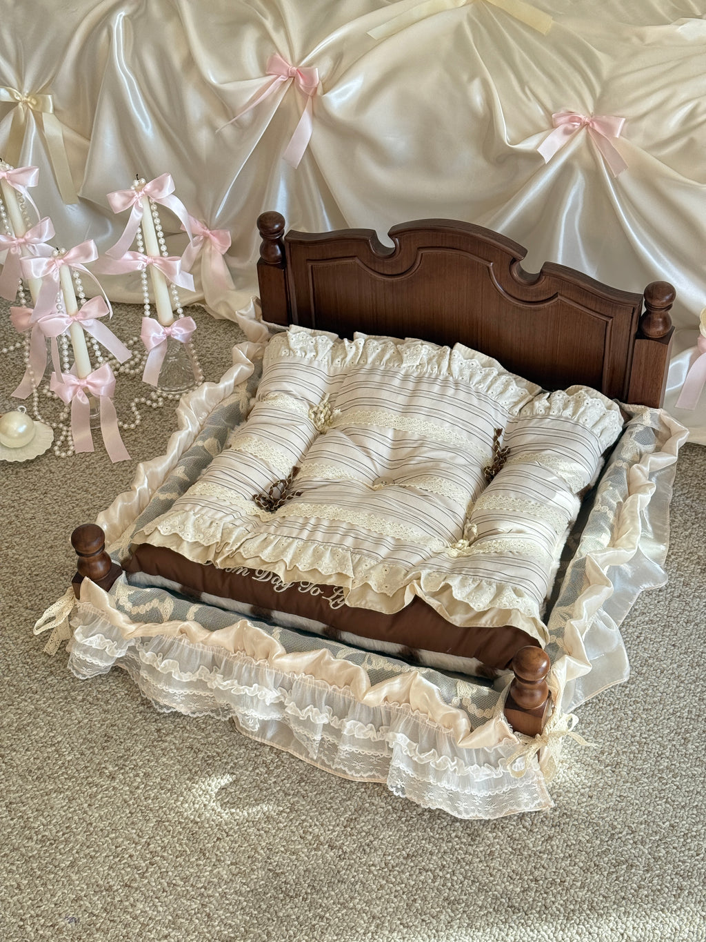 Handcrafted Reversible Stripe & Polka Dot Pet Mat | Vintage Lace Dog & Cat Bed with Pillow