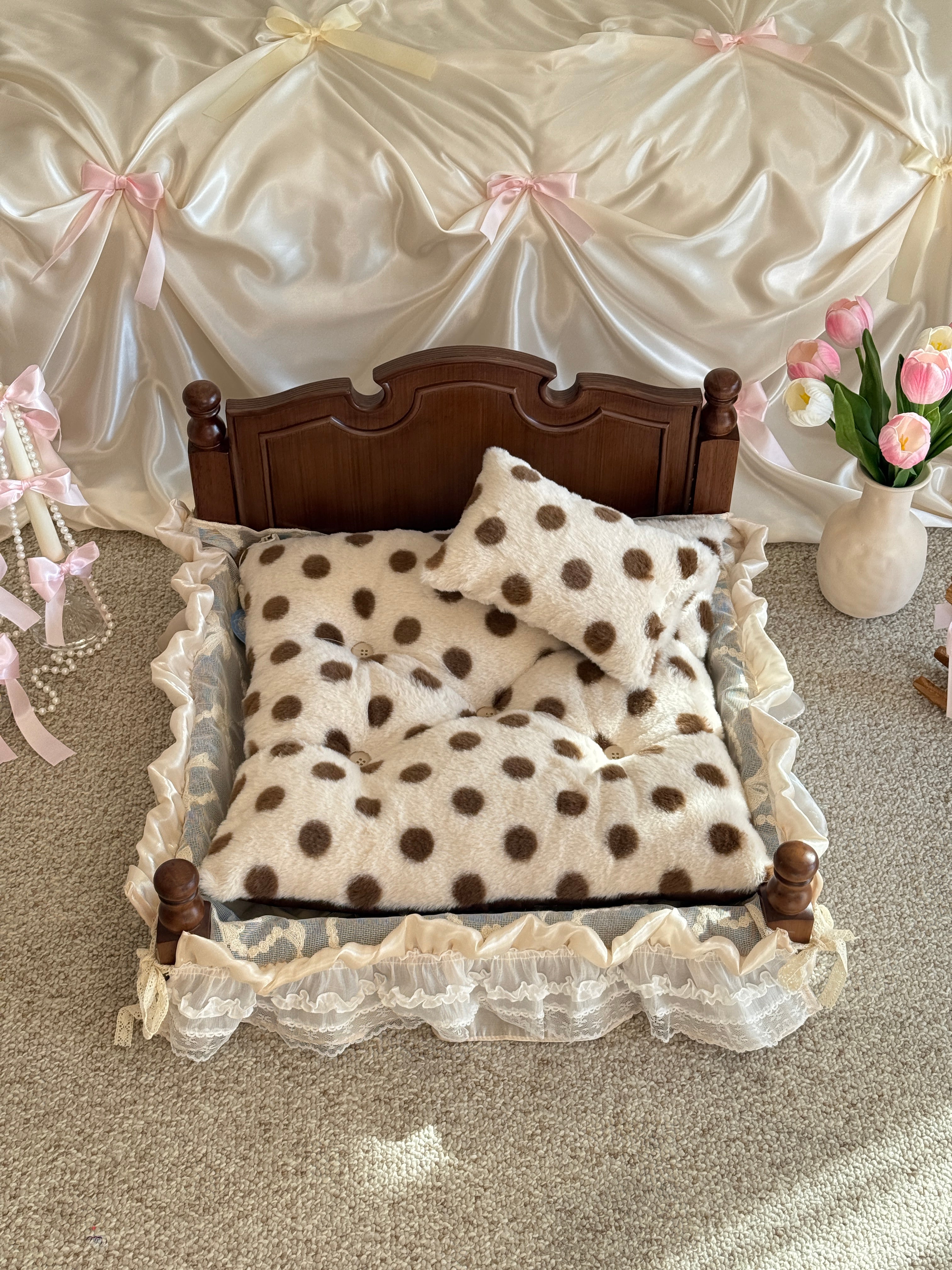 Handcrafted Reversible Stripe & Polka Dot Pet Mat | Vintage Lace Dog & Cat Bed with Pillow