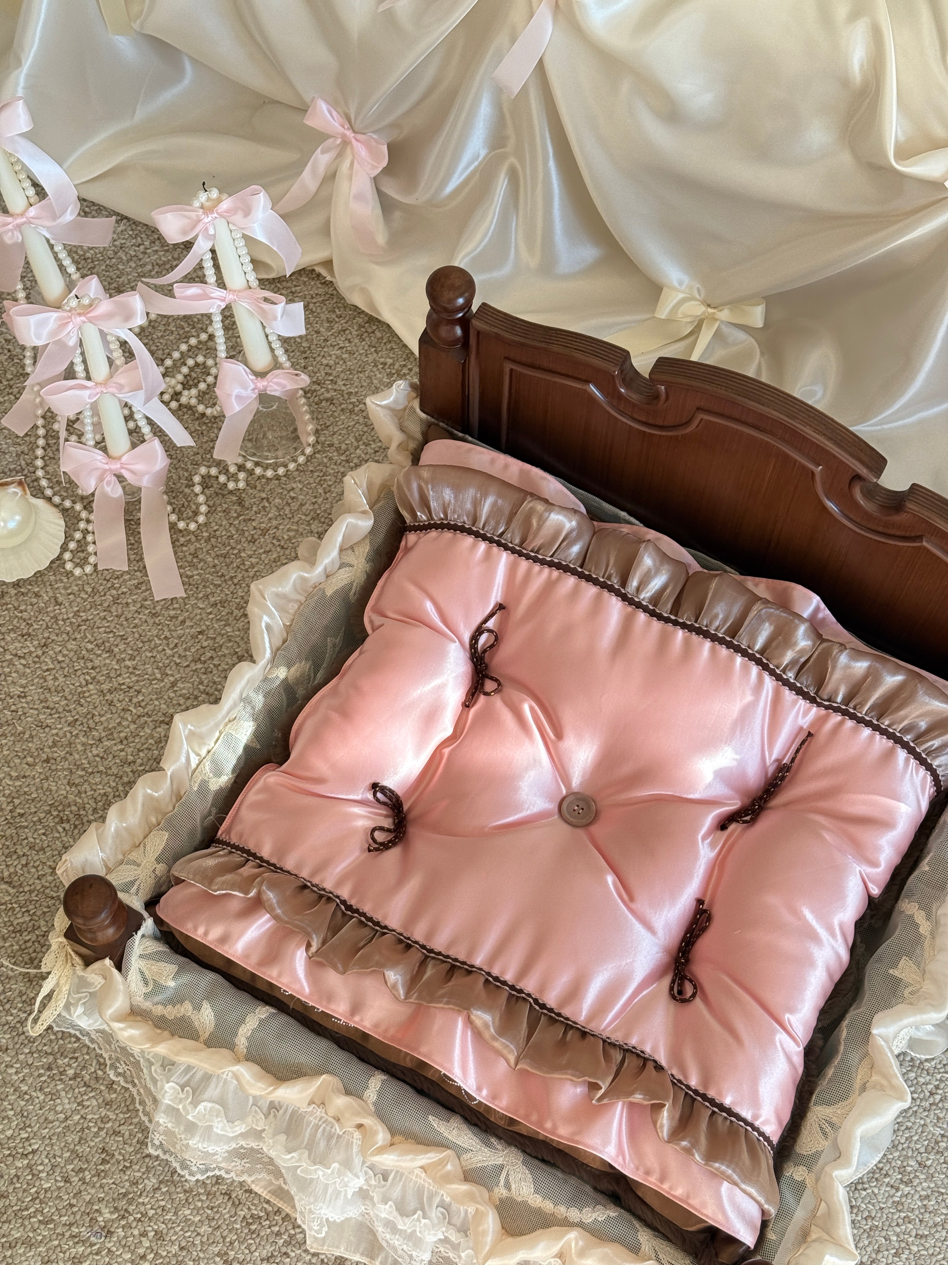 Handcrafted Reversible Pink Silk & Brown Velvet Pet Mat | Coquette Princess Dog & Cat Bed with Pillow