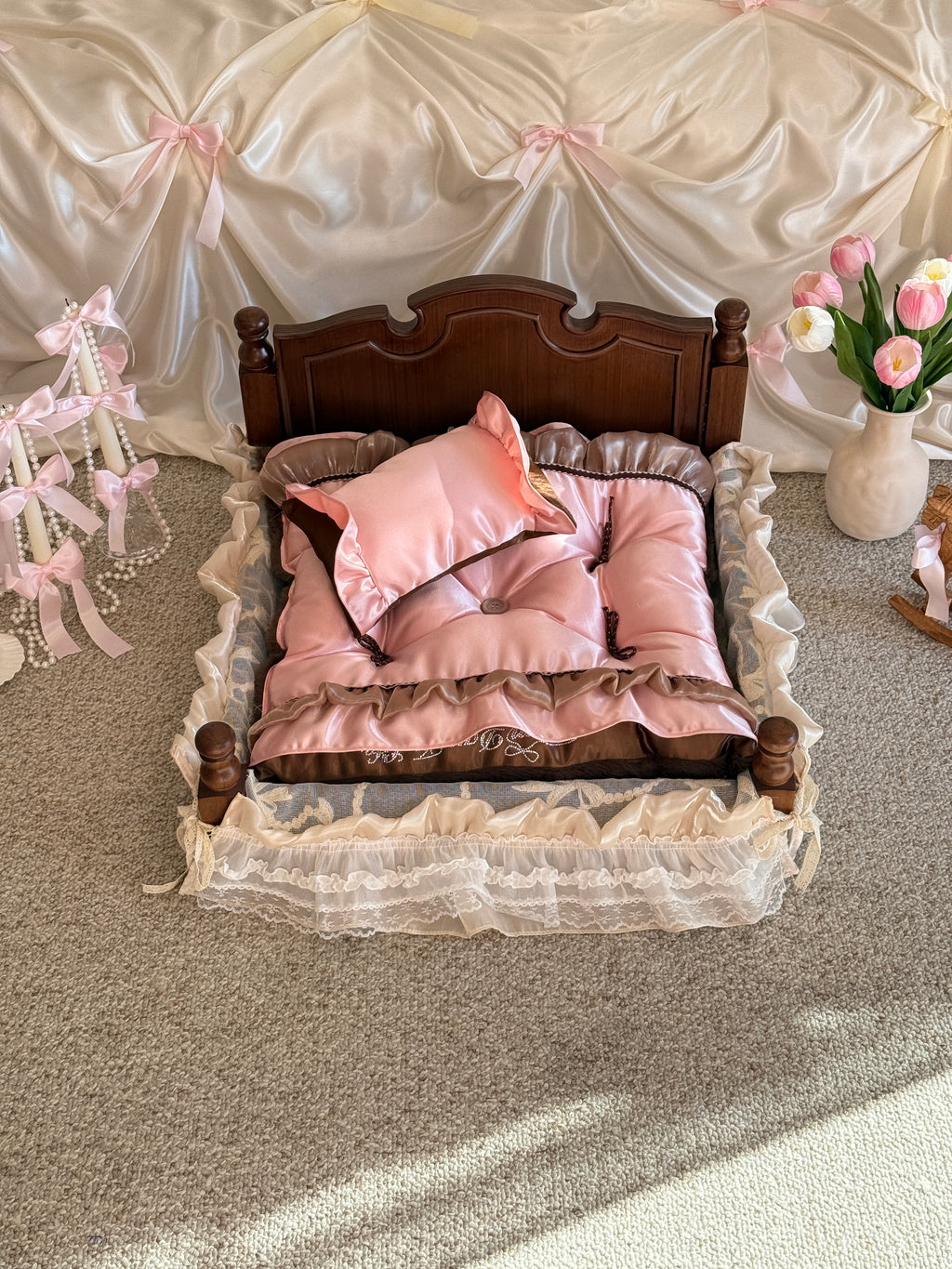 Handcrafted Reversible Pink Silk & Brown Velvet Pet Mat | Coquette Princess Dog & Cat Bed with Pillow