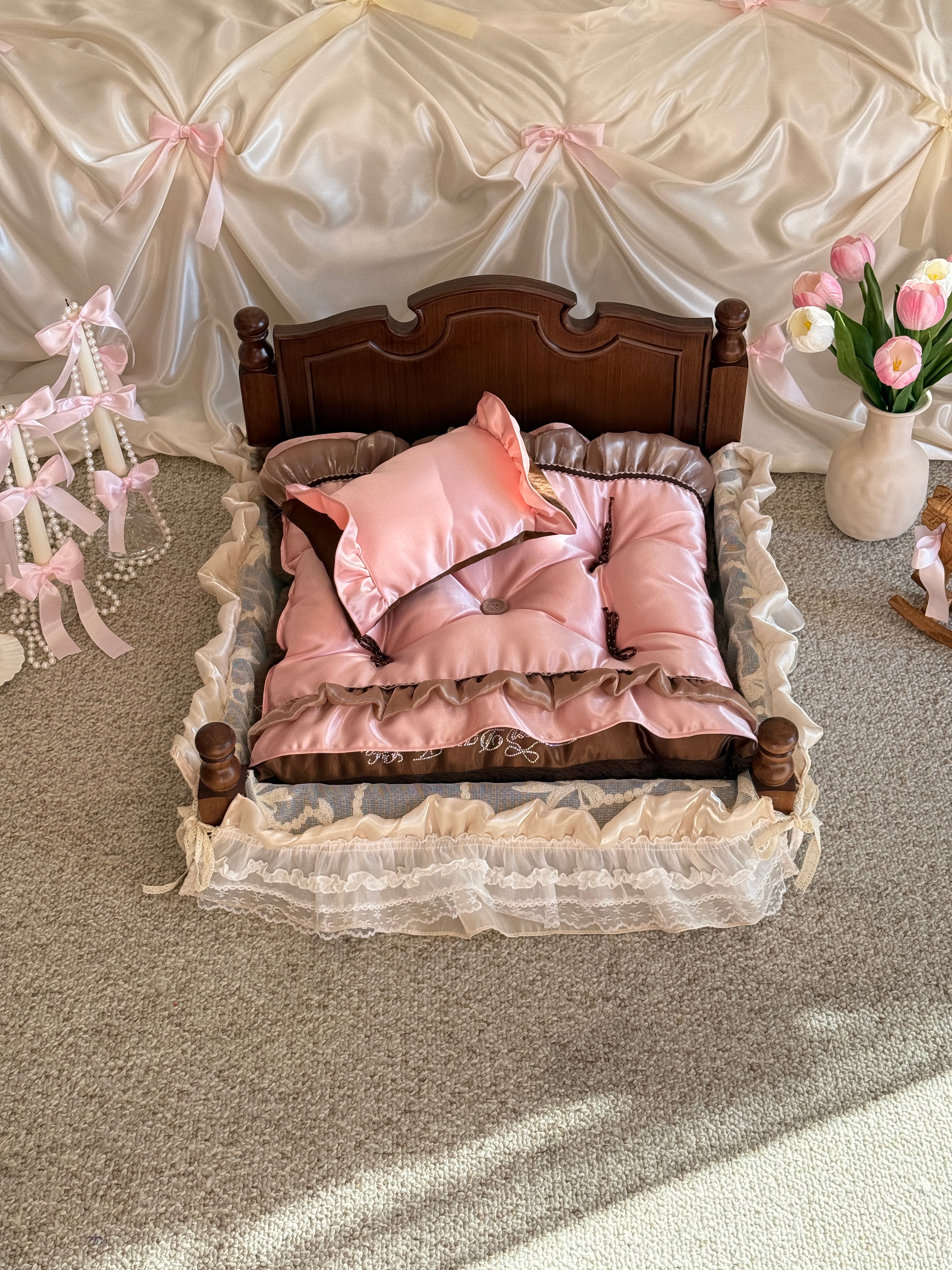 Handcrafted Reversible Pink Silk & Brown Velvet Pet Mat | Coquette Princess Dog & Cat Bed with Pillow