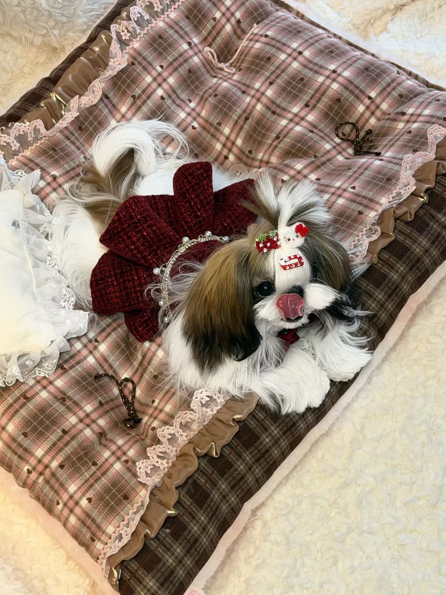 Handcrafted Reversible Plaid & Blush Velvet Pet Mat | Warm Winter Dog & Cat Bed with Pillow